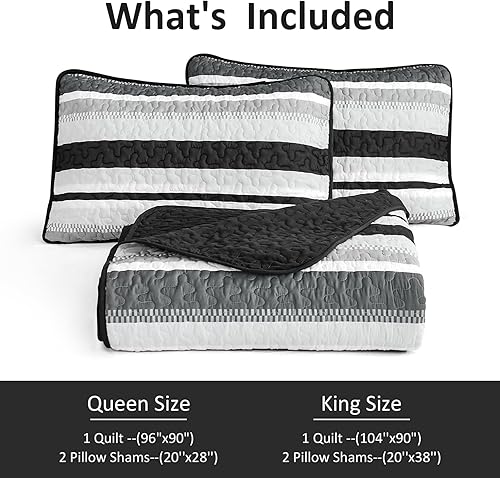Miniatura 7 de WONGS BEDDING Juego de ropa de cama Queen de 3 piezas, colcha de rayas negras, edredones ligeros de verano tamaño Queen para cama de 96 x 90 pulgadas