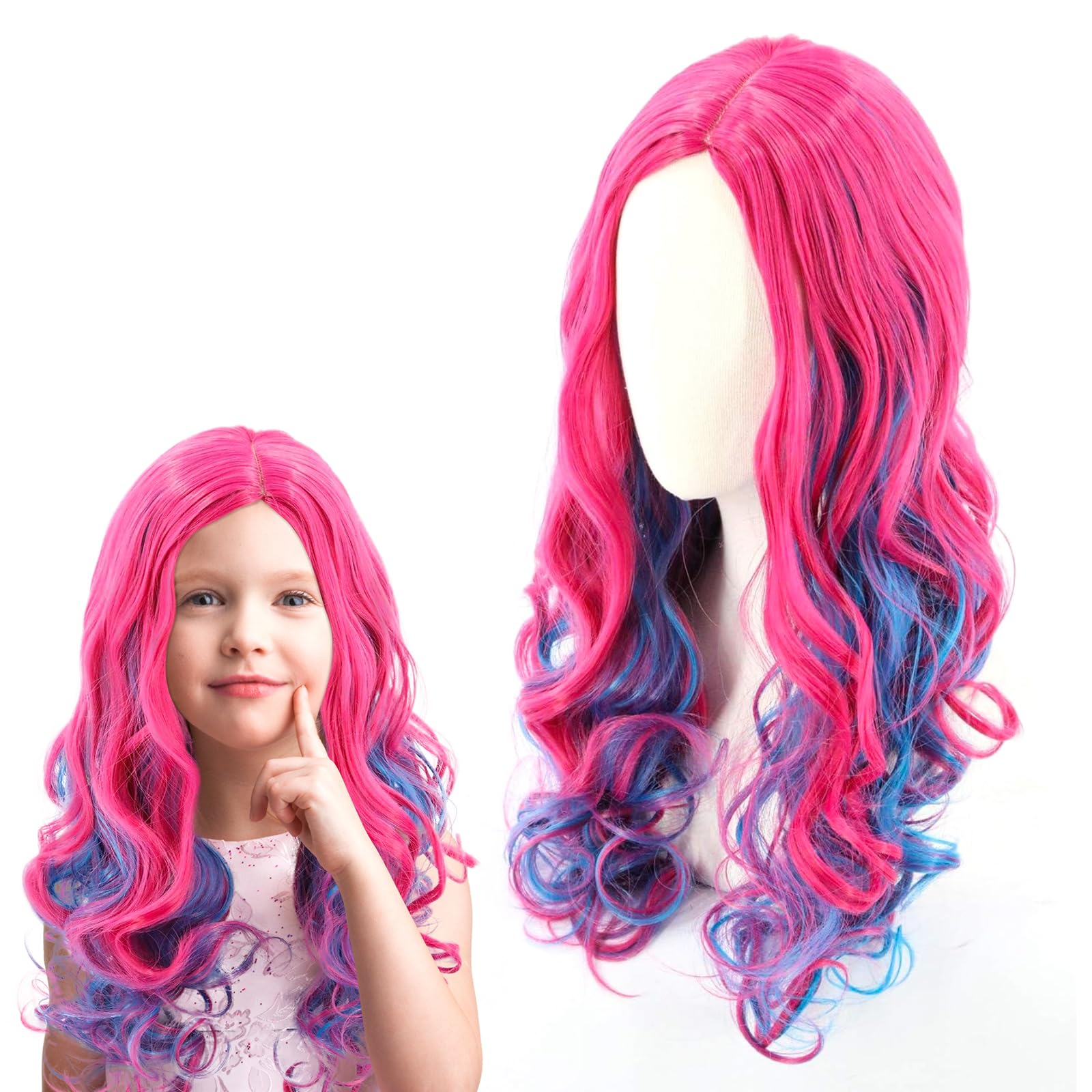 Rosa Lila Lang Lockige Perücke, Perücke für Kinder Mädchen, Rosa-Blau Cospaly Kostüm Perücken, Lila Ombre Prinzessin Perücken, für Cosplay, Karneval, Halloween Kostüm Party (70 cm)