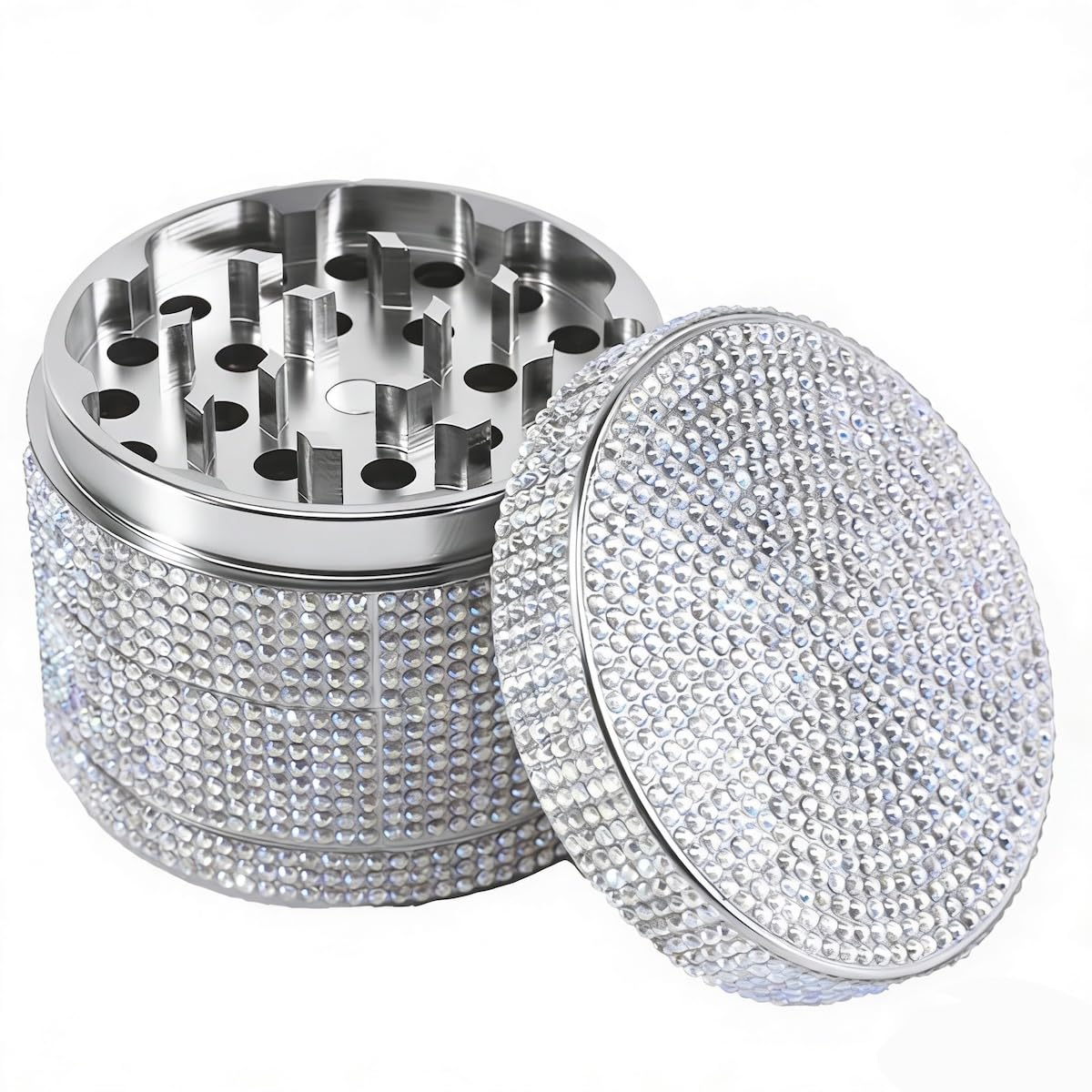 Sytranrein Aluminium Herb Grinder-50mm Diamond Grinder for Dry Herbs & Spices, 4 Piece Metal Grinder with Pollen Catcher (Silver)