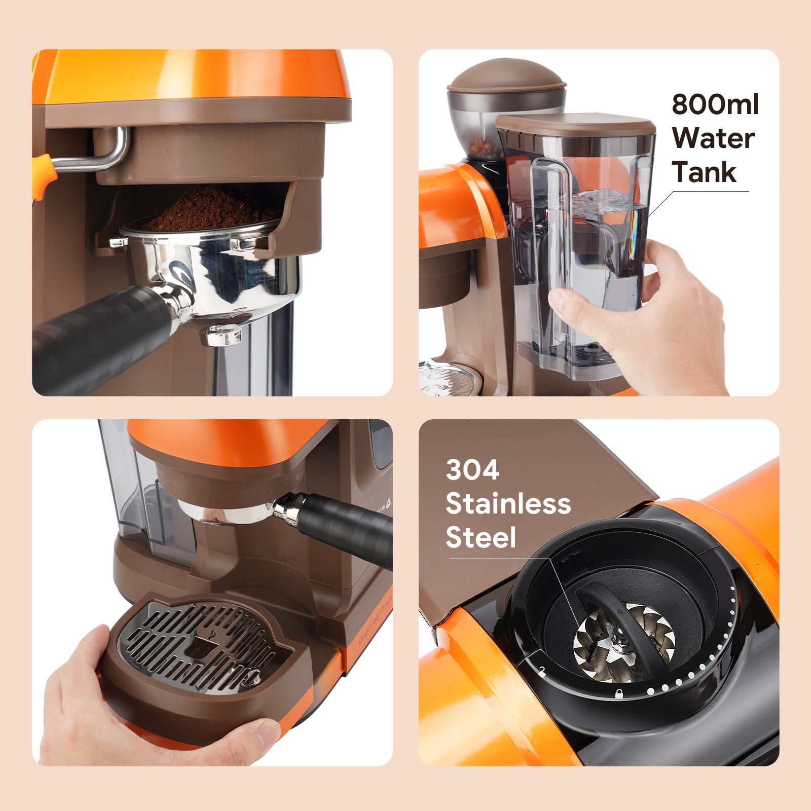 RECAFIMIL19 Bar Espressomaschine mit Bohnenmühle, 2-in-1-Kaffeemaschine, Cappuccino- und Latte-Zubereiter mit Milchaufschäumer, Touchpanel, abnehmbarer Wassertank (Orange)