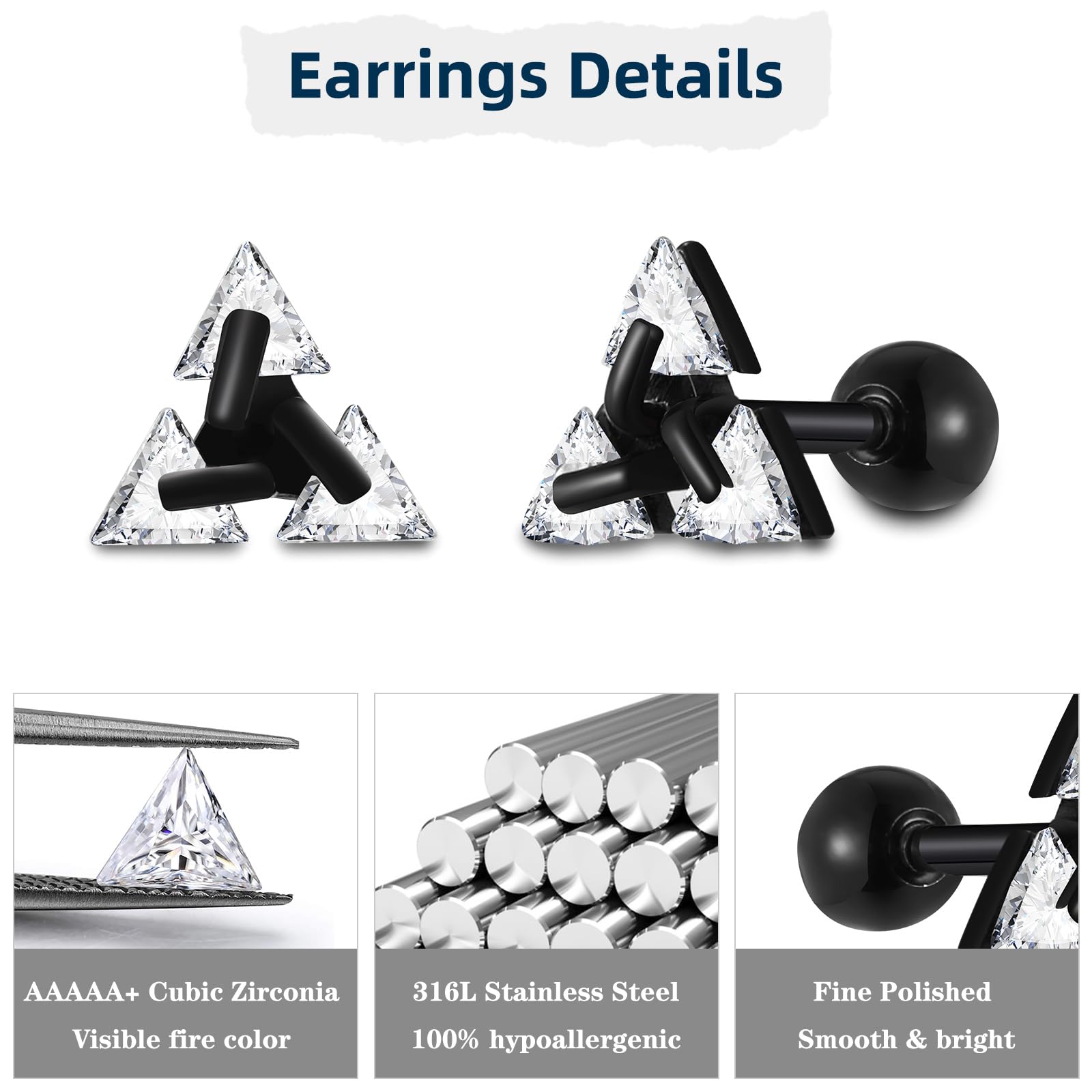 Unisex Geometric Triangle Stud Earrings, Stainless Steel Minimalist Cubic Zirconia Pierced Post Earrings for Men Women