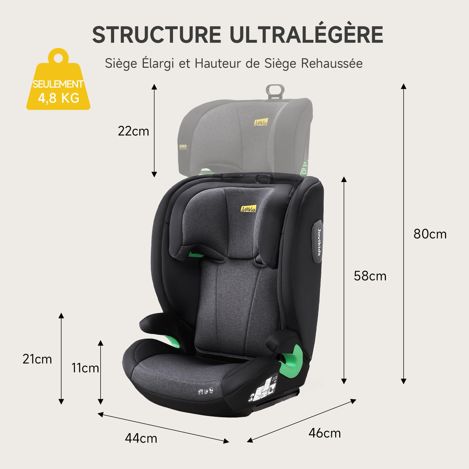 i-Size R129 Siège auto pour enfant de 3,5 à 12 ans (100-150 cm), avec dossier réglable, appuie-tête, protection contre les chocs latéraux, Rehausseur Isofix (BLACK, sans base) (Noir, Sans ISOFIX)