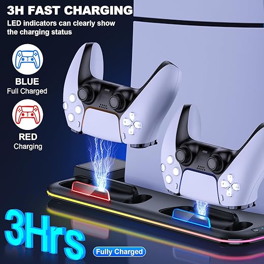 DINOSTRIKE PS5 Cooling Station with RGB Light, PS5 Stand with Cooling Fan for PS5 Disc&Digital Editions Dual Controllers Charger Station, PS5 Accessories for PS5 Console Headset Holder, 6 Game Slots
