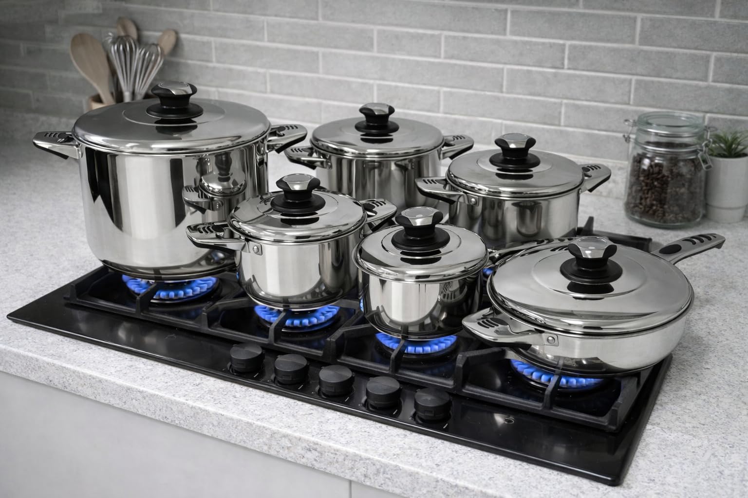 Batteria di Pentole 12 Pezzi in Acciaio Inox con Coperchio e Termostato - Adatte a Tutti i Piani Cottura