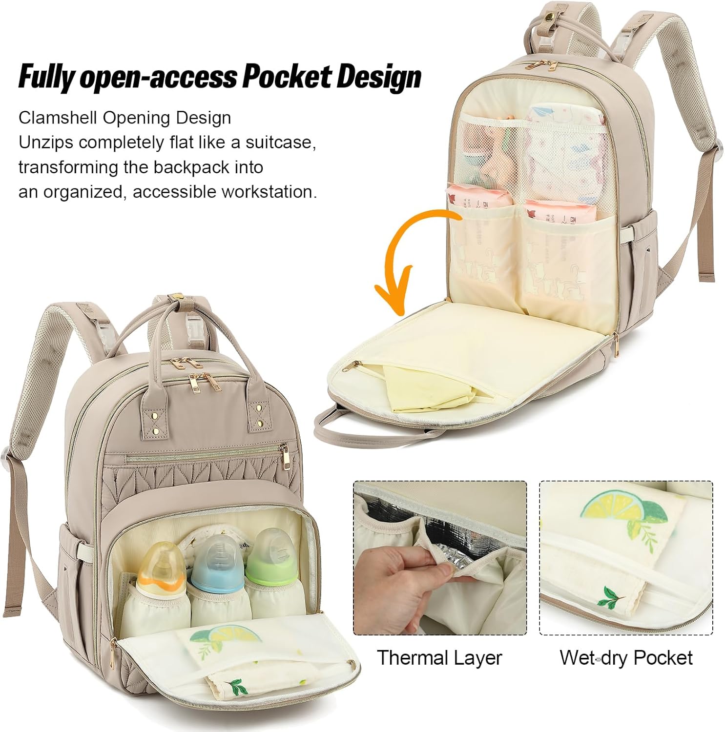 Quilted Baby Diaper Bag Backpack for Women, Baby Girls Boys Nappy Bags with Stroller Straps Insulated Pockets (Beige)