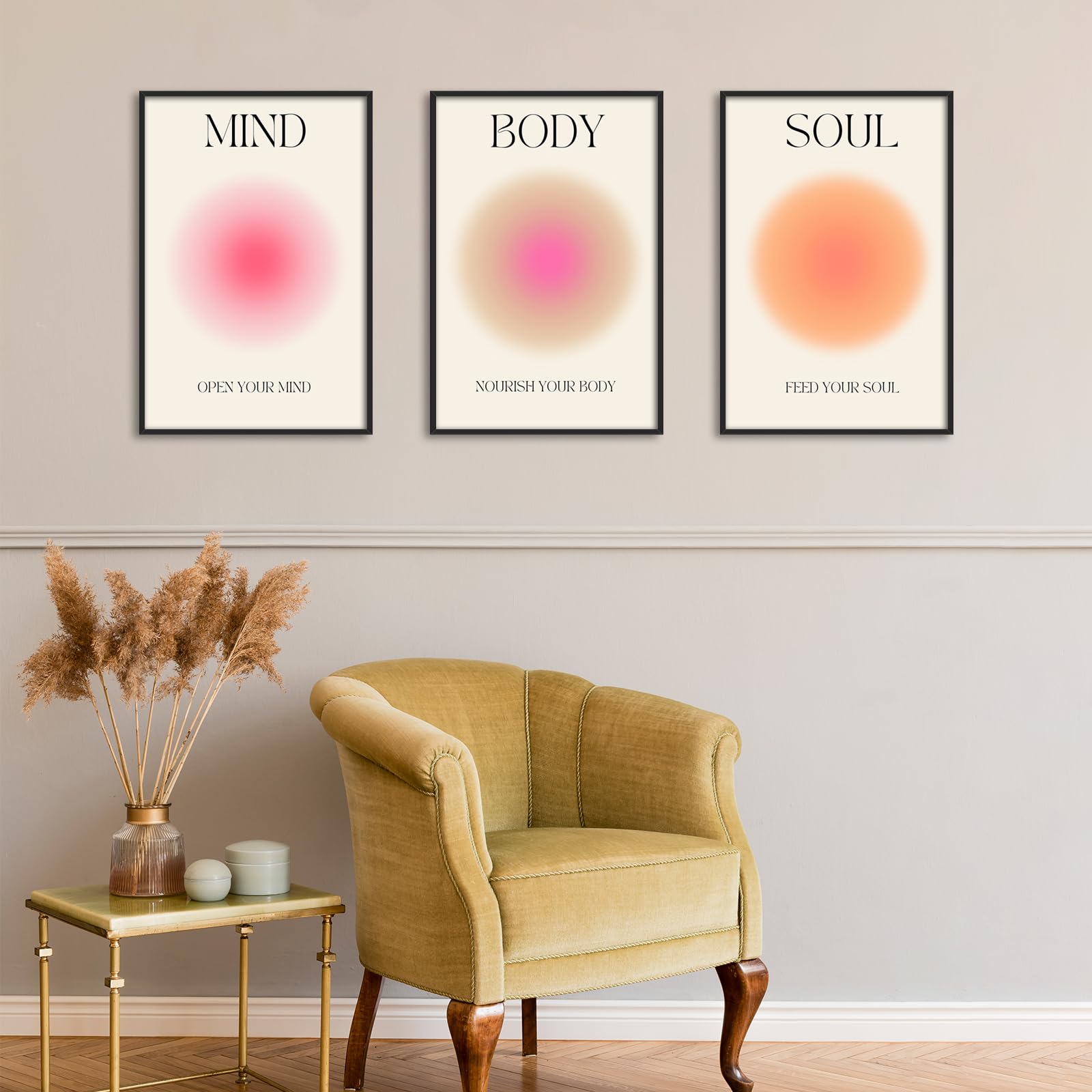 Adyggefy - Pósteres estéticos de auras con energía positiva, 3 piezas, lienzo colorido espiritual, alma, cuerpo, mente, cita, pintura danesa pastel, decoración de pared para yoga, marco aluminio negro