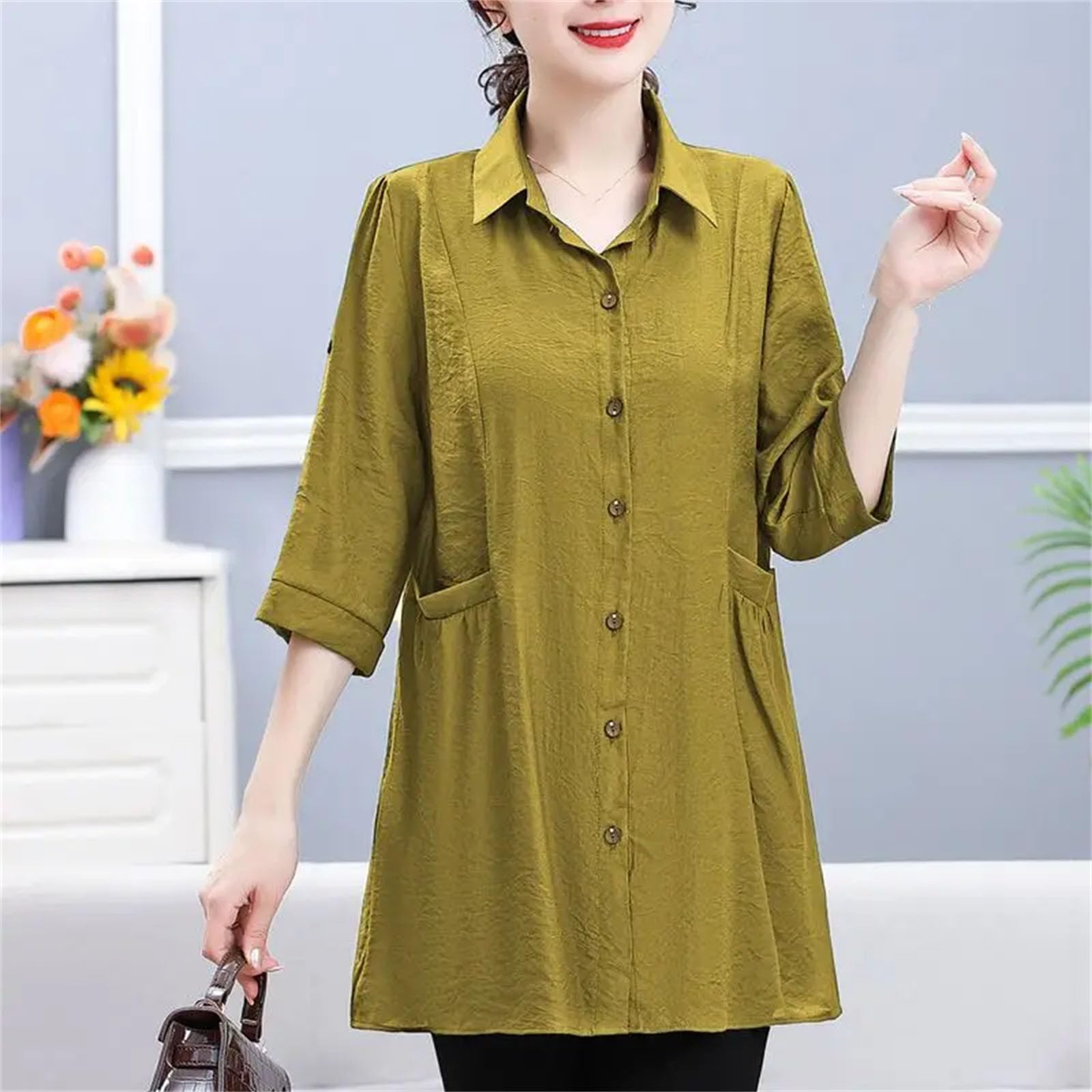 Camicetta da donna casual tinta unita midi monopetto colletto rovesciato maniche 3/4 tasche camicetta