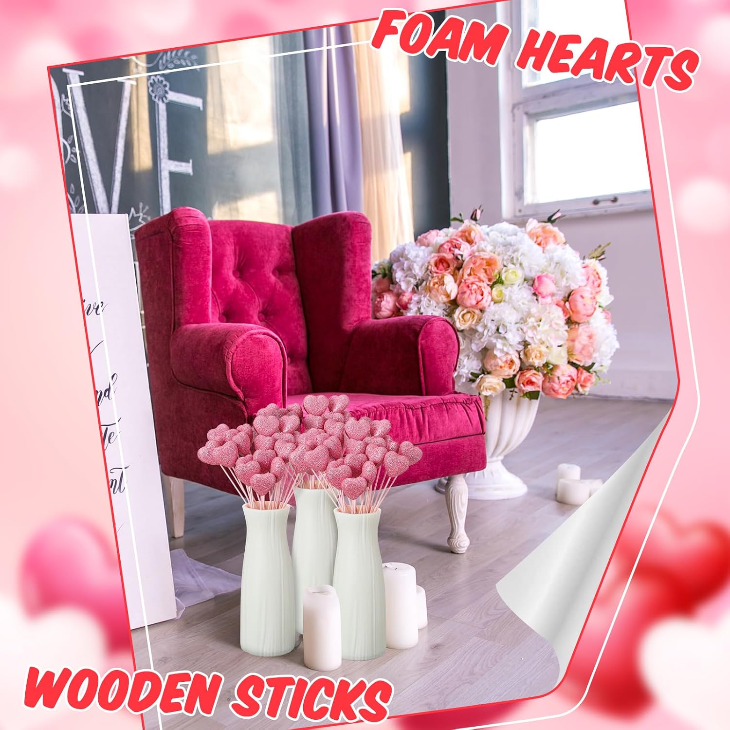 6 Pcs Glitter Foam Hearts Sticks Foam Heart Picks Sparkly Hearts Stems Puffy Heart Wooden Picks for Wedding Decorations Flower Arrangements Crafts (Pink)