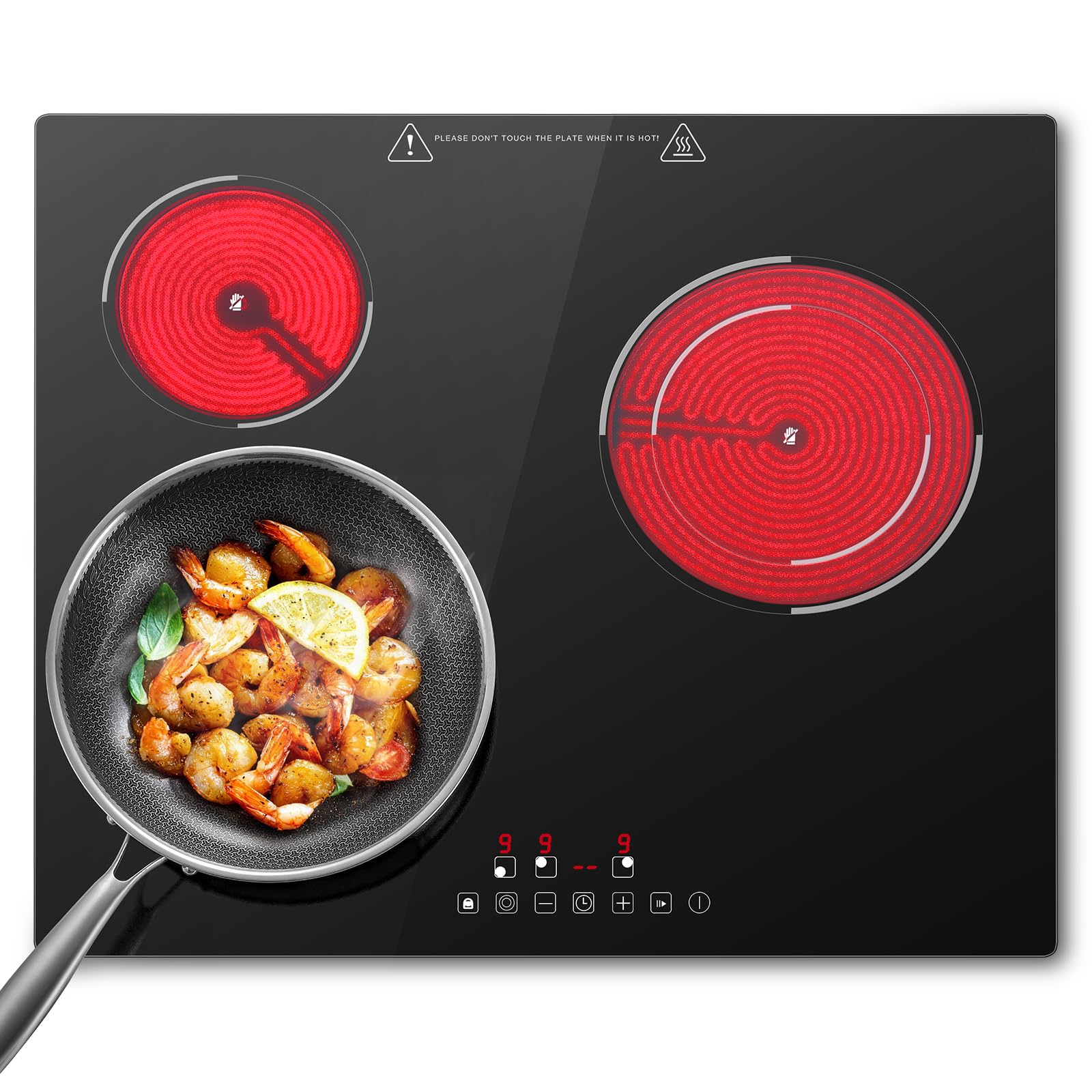 SNDOAS Płyta ceramiczna z 3 palnikami 5200 W, 3 strefy gotowania (1200 W + 1800 W + 2200 W), 9 poziomów mocy, bezpieczeństwo dzieci, timer 99 min, kompatybilny ze wszystkimi typami garnków