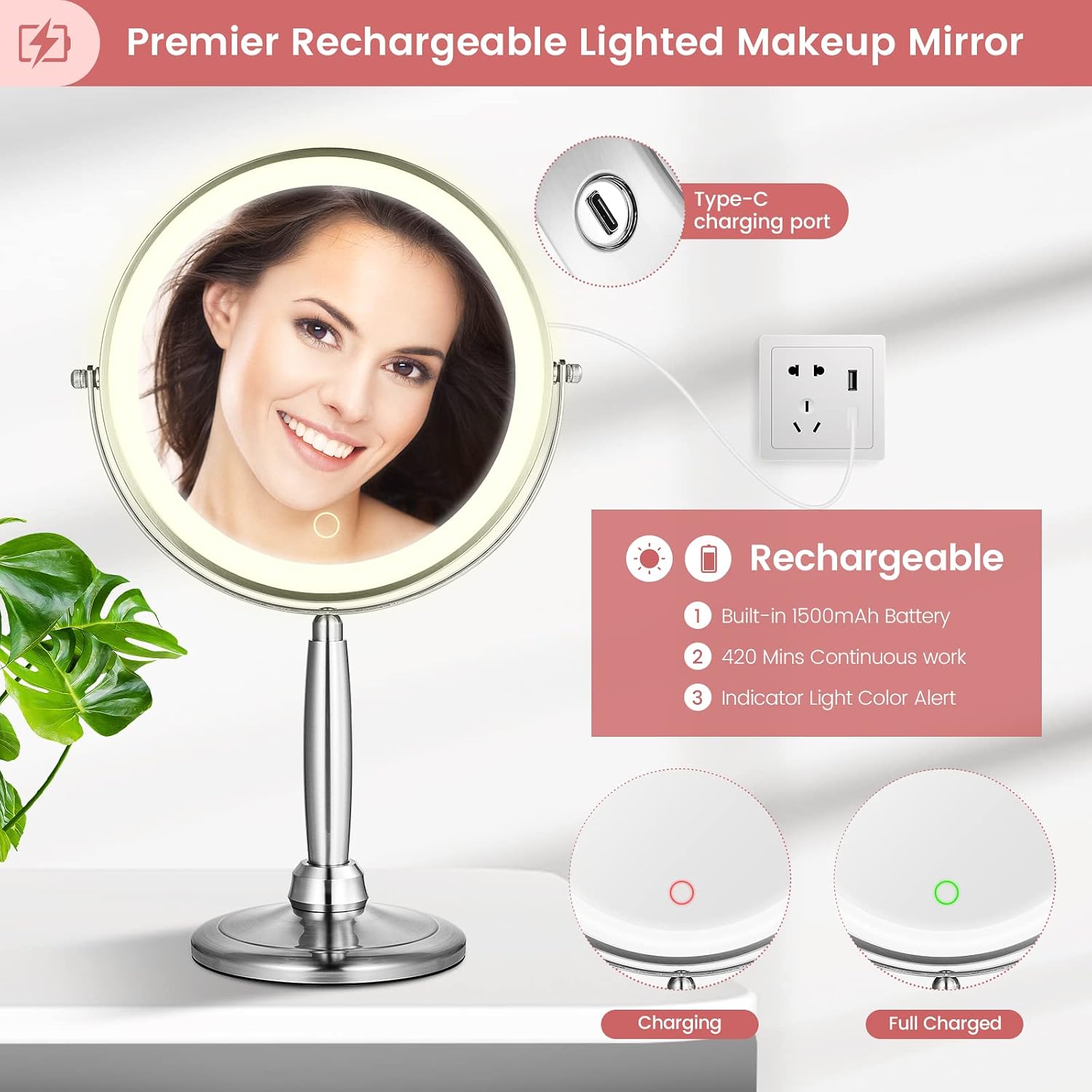 MIRRORMORE 9" Large Lighted Makeup Mirror with 3 Color LED Dimmable Lighting, 1X/10X Rechargeable Magnifying Mirror with Light, 360° Rotation Touch Screen Vanity Mirror Detachable, Senior Pearl Nickel