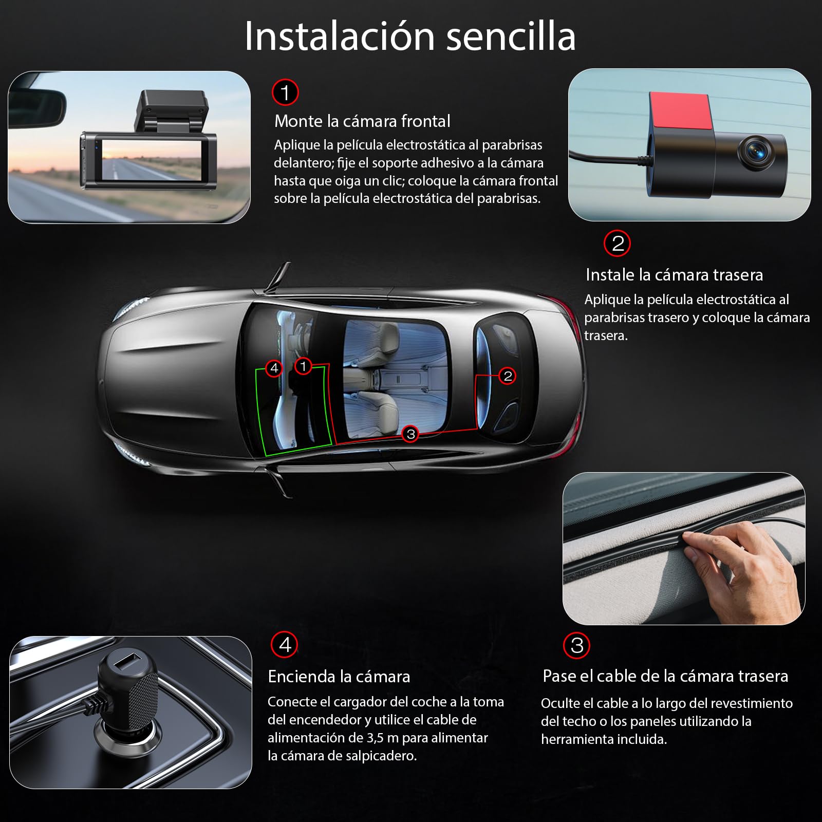 4K+2.5K Dual Trasera Delantera Cámara Salpicadero, GPS 5.8 GHz WiFi Integrado, Tarjeta 64 GB Incluida, Pantalla IPS 3.16 Pulgadas, Control App, Grabación Doble Canal