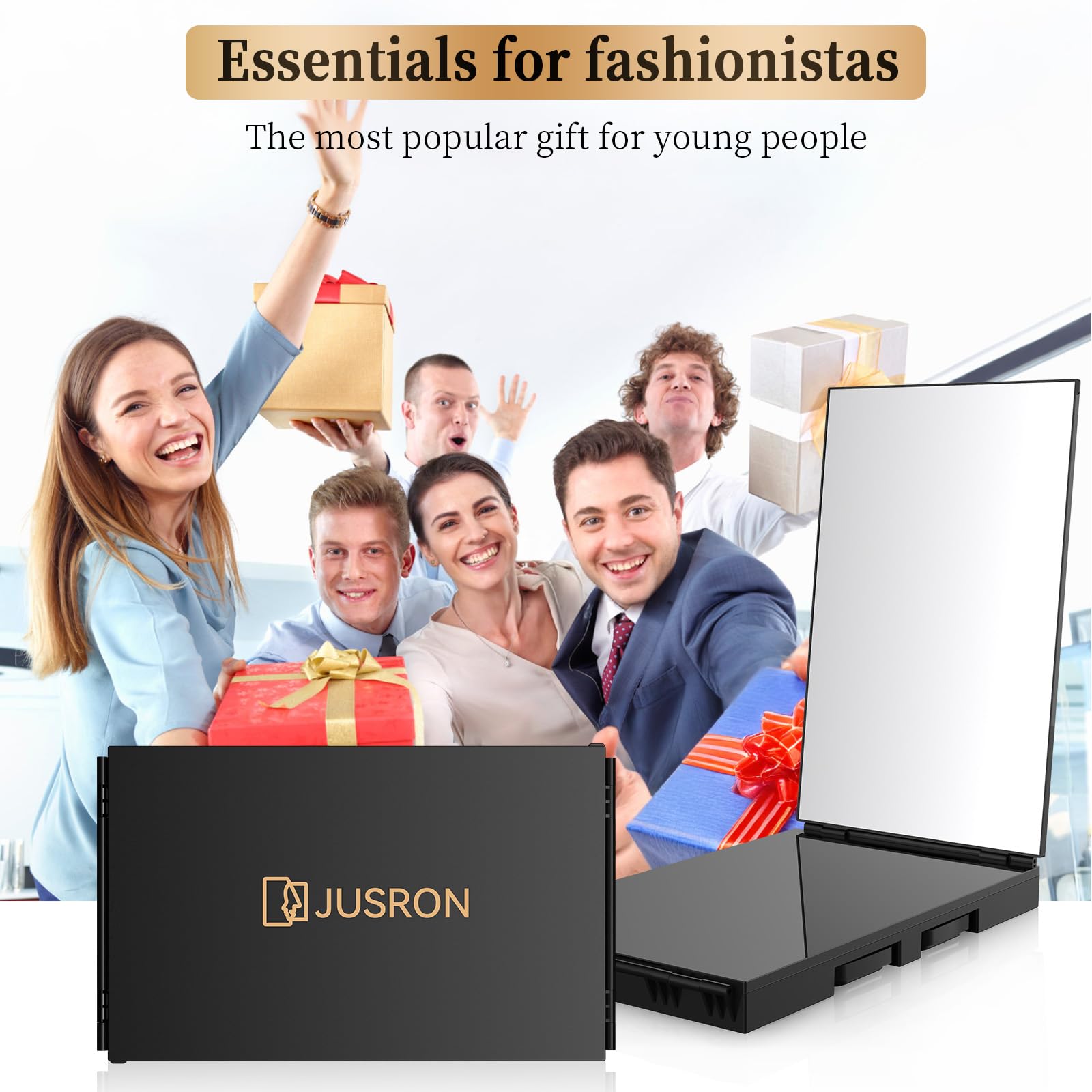 JUSRON Miroir Coiffure 360° 3 Faces Barbier Homme/Femme, Portable et Hauteur Réglable, Pliable pour Maquillage, Rasage (sans LED)