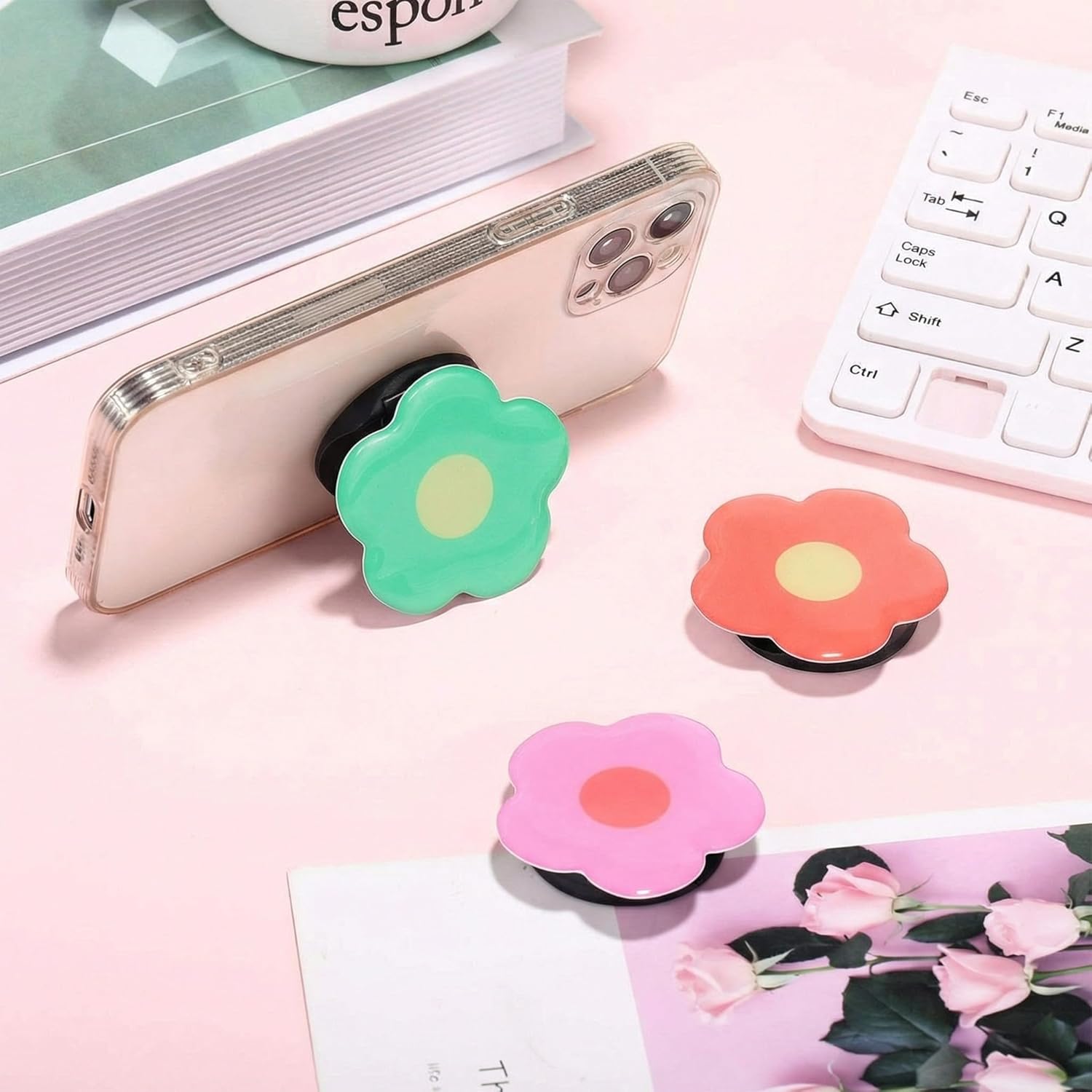 Weewooday 3 Pcs Phone Grip Holder Daisy Flower Collapsible Finger Phone Expand Holder Self Adhesive Cute 2D Grip Multi Functional Foldable Stand for Smartphone Cellphone Tablet Accessory, 3 Colors - Image 5