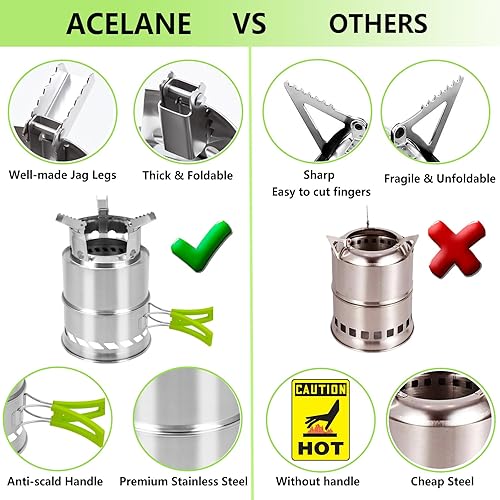 Miniatura 4 de Acelane Estufa de leña para camping, estufa portátil de campamento, estufa de supervivencia de acero inoxidable, estufa de leña, pequeña estufa