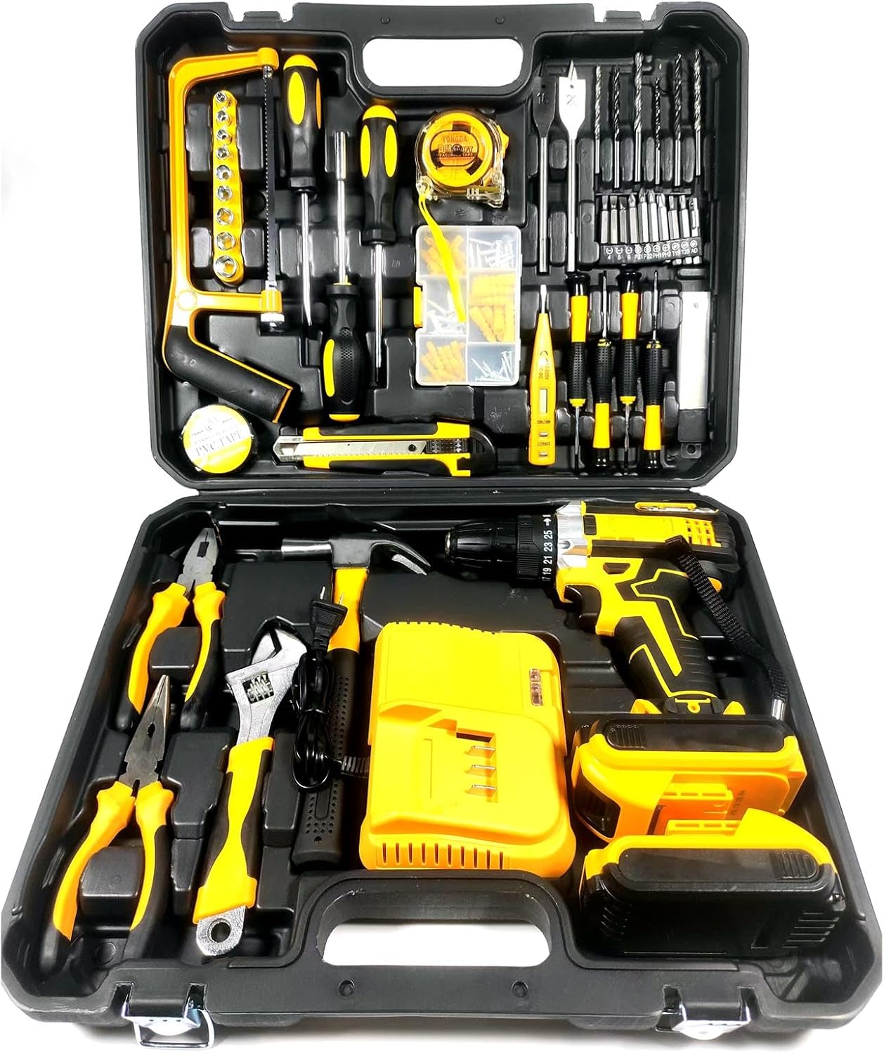 Tool Set – Tool Kit with Cordless Drill, 118 Piece Tool Box with Drill, Suitable for House Repair，home Tool Kits for Men & Women, Hand Drill Set Perfect, DIY Er, Handyman-Yellow (yellow)
