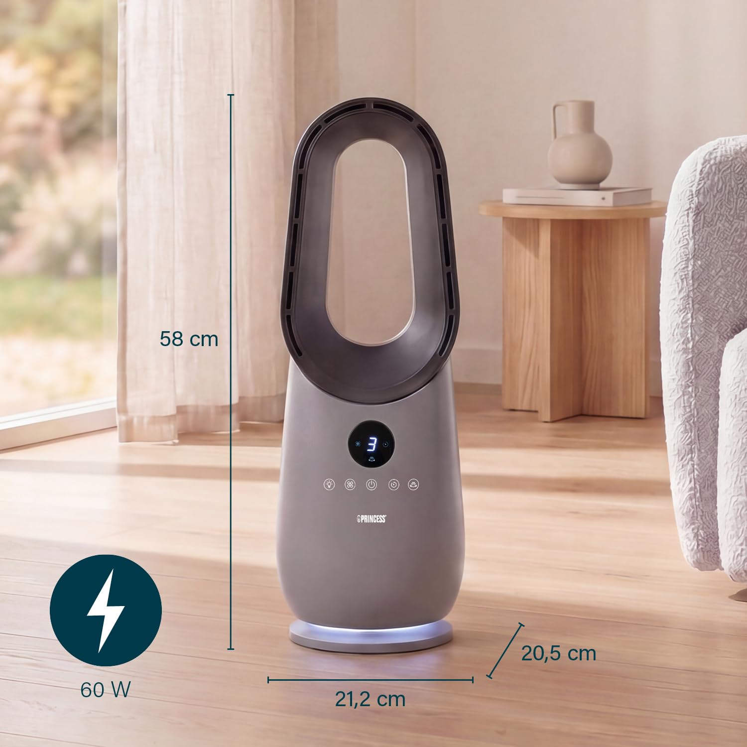 Princess Ventilatore senza pale – 60 W – Luce d’ambiente – Basso consumo – Oscillazione a 75° – 3 velocità – 351582