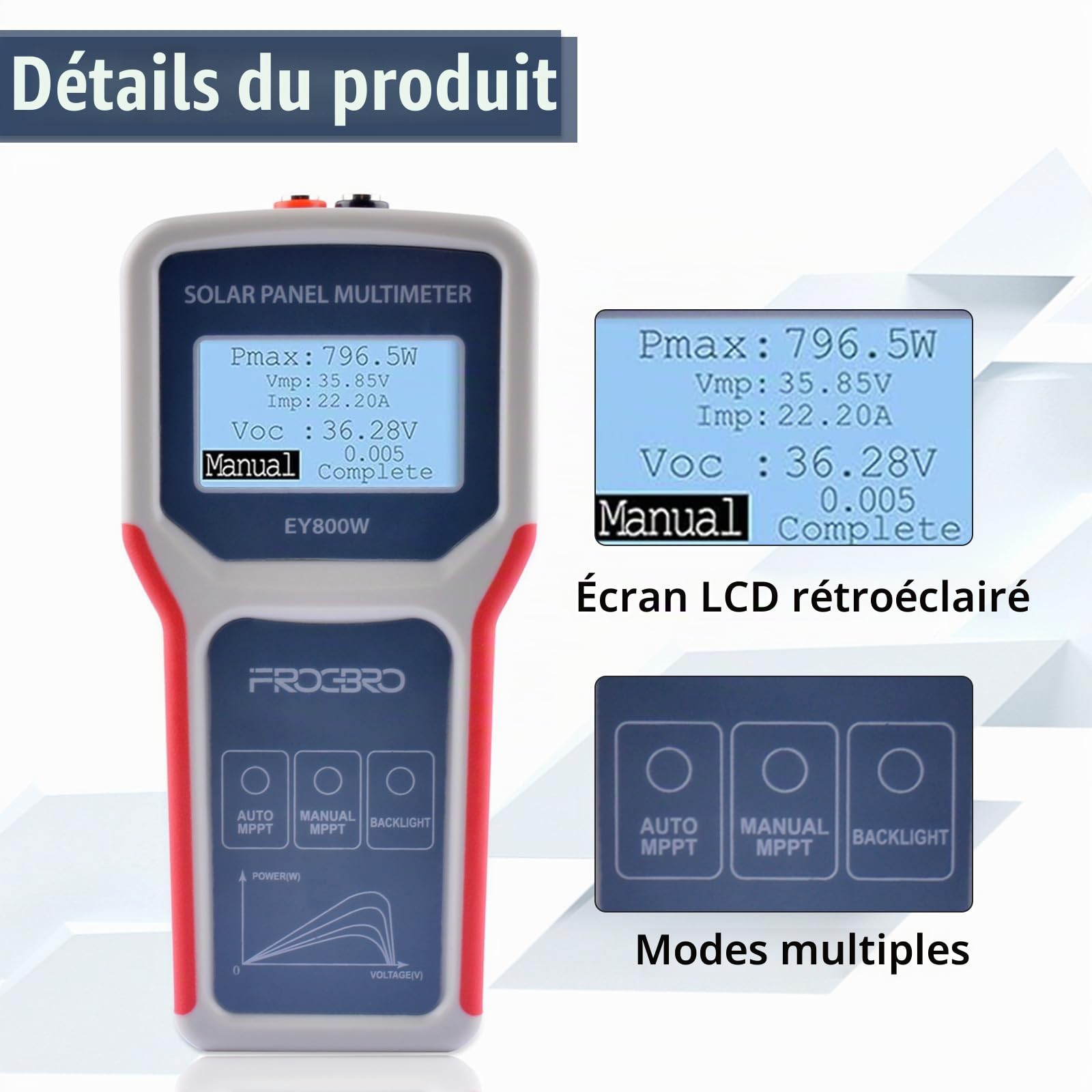 Testeur de Panneaux Solaires FB673PV, Multimètre Photovoltaïque 800W, Testeur MPPT Intelligent avec Écran LCD Clair, Outil de Diagnostic pour Tension en Circuit Ouvert (EY800W)