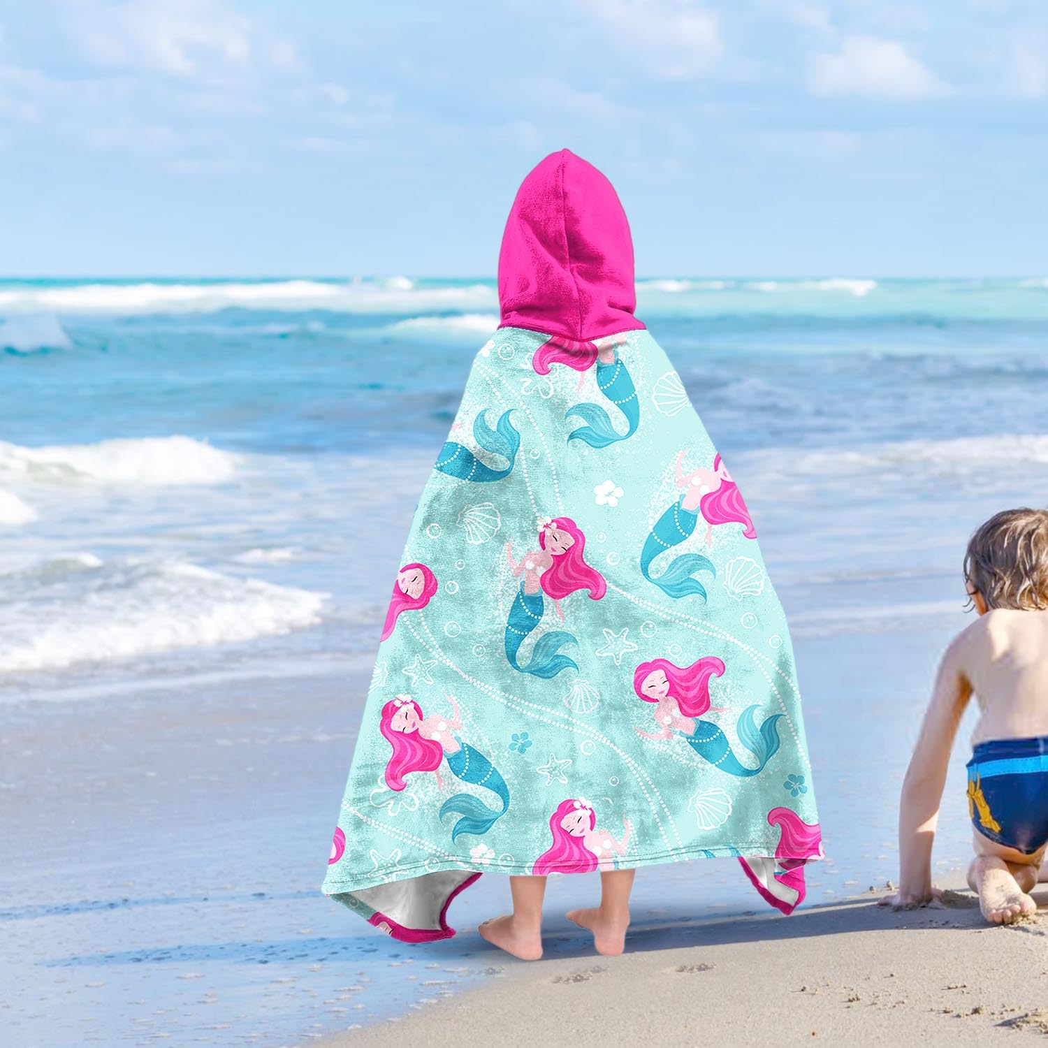 Meerjungfrau Mädchen Strandtuch mit Kapuze für Kinder Kleinkinder Alter 4-8 Jahre Rosa Blau Badetücher Duschtuch für Mädchen Kapuzenponcho Stranddecke für Pool Schwimmen Niedliches tragbares