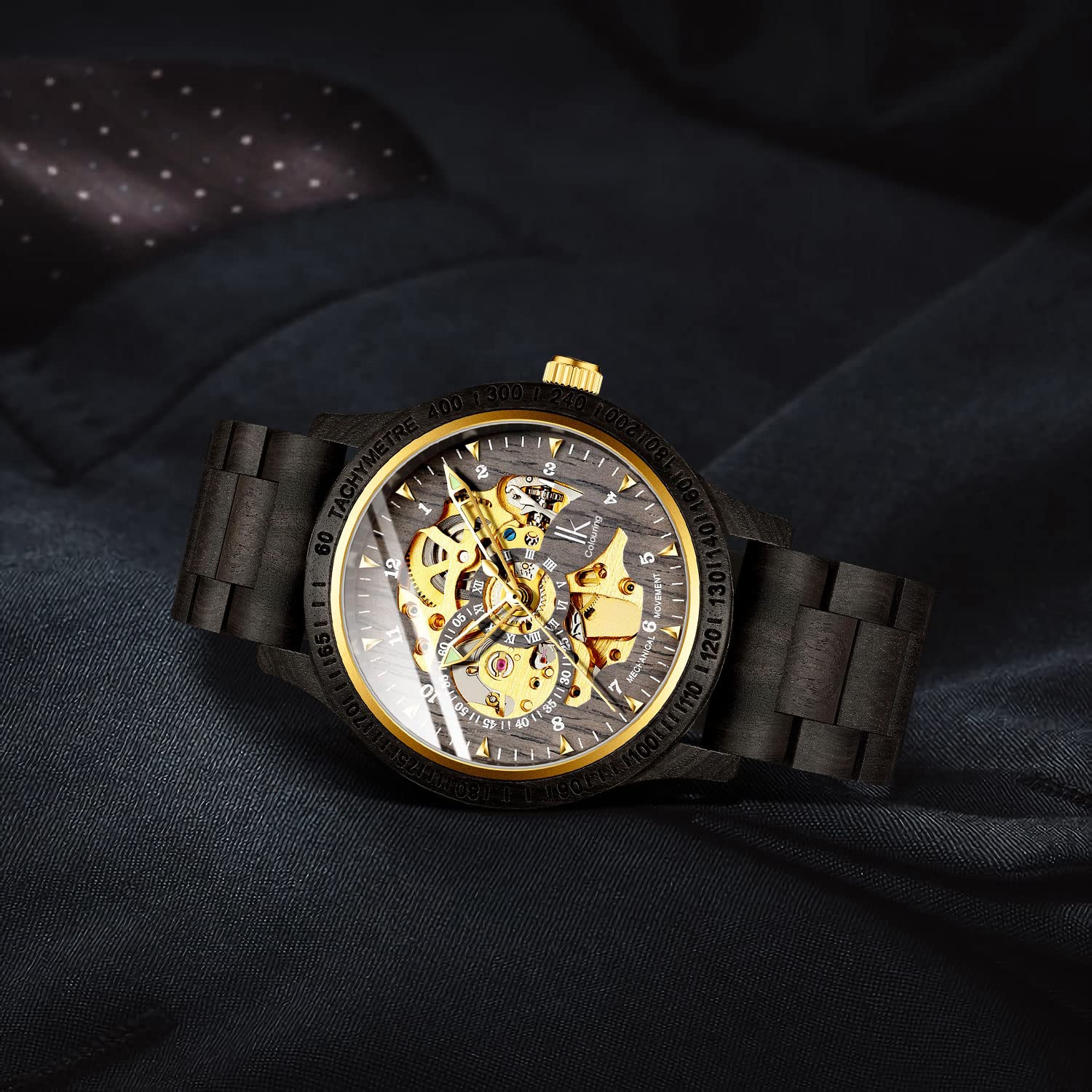 IK COLOURING Mens Watches Luxury Mechanical Wooden Case Skeleton Lumious Automatic Self-Winding Lightweight Genuine Leather BraceletWood Band Wrist Watch product thumbnail 7