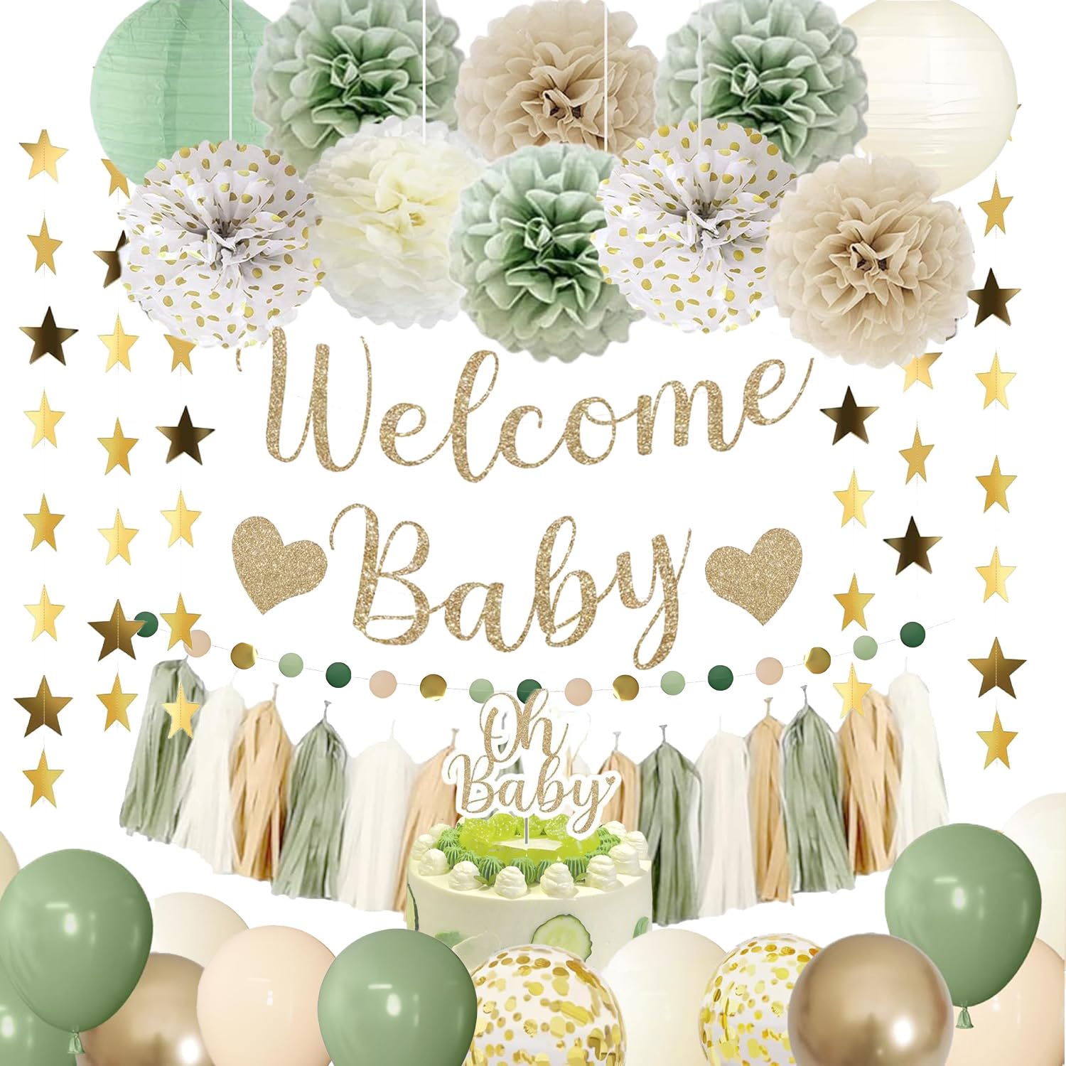 Acidea Baby Shower Decorations, Sage Green Welcome Baby Banner, Balloons, Cake Topper, Paper Lanterns, Pom Poms Flowers Tassels, Circle Dots Star GarlandGender Neutral Baby Shower Decoration Supplies