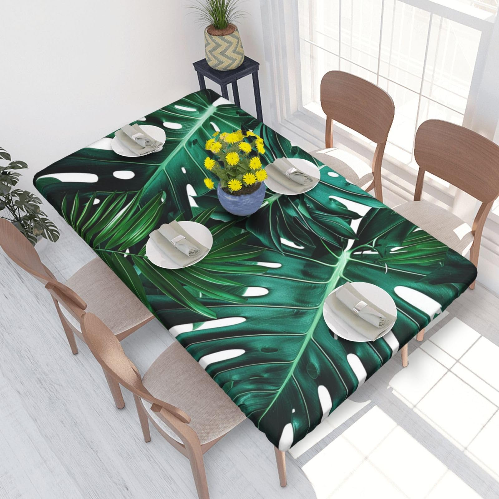 WPKJU Cute Green Palm Leaves Printed Tablecloths 4ft Rectangular Table Covers Washable Polyester Decorative Table Cloth for Dining Table Picnic Wedding
