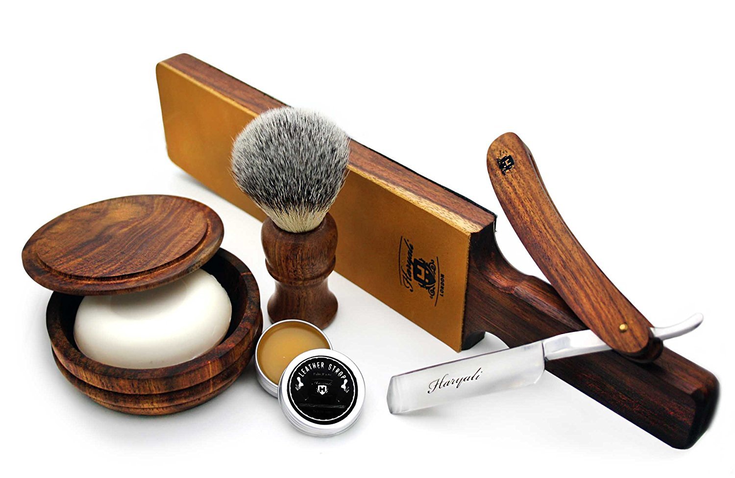 Zestaw do golenia Barber Vintage Style – zestaw zawiera syntetyczny pędzel do golenia, skórzany grop, drewnianą miskę, mydło i pastę do golenia.