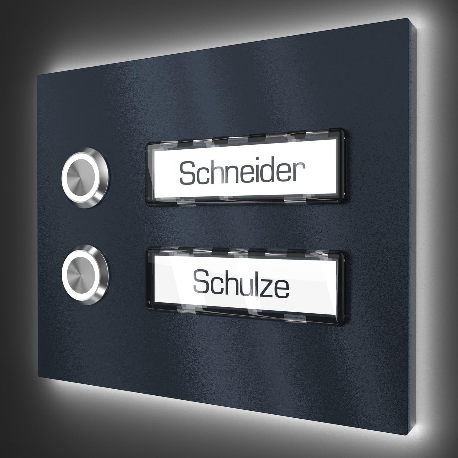 Mehrfamilien Aufputz Türklingel mit LED Klingeltaster 2 Namensschilder - V2A Edelstahl Klingel 140x115 mm Pulverbeschichtet RAL 7016 - Name Beleuchtung wählbar Zweifamilienhaus