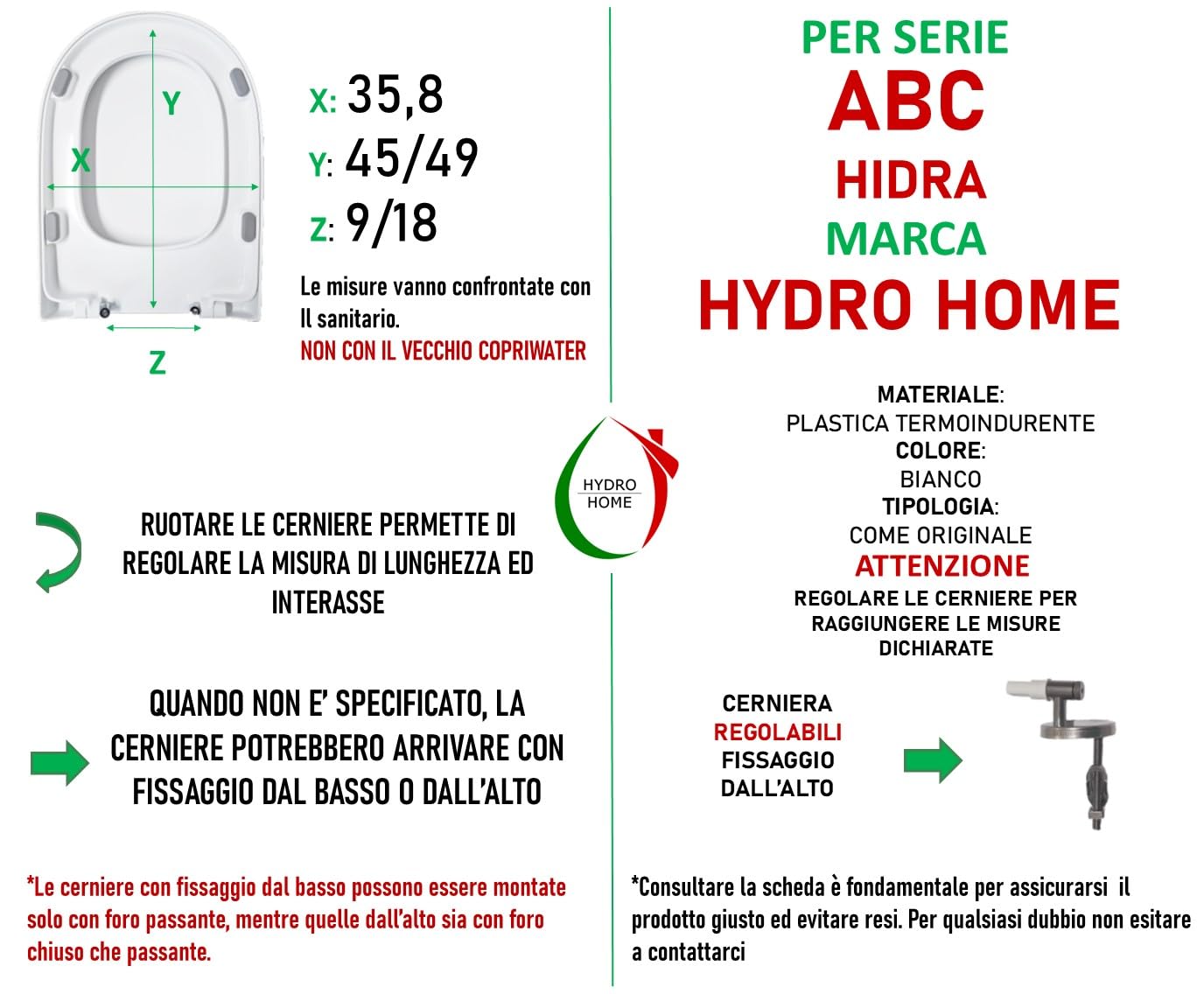 Copriwater Sedile Wc ABC HIDRA Come Originale, In Plastica Termoindurente Avvolgente,Colore Bianco MADE IN ITALY