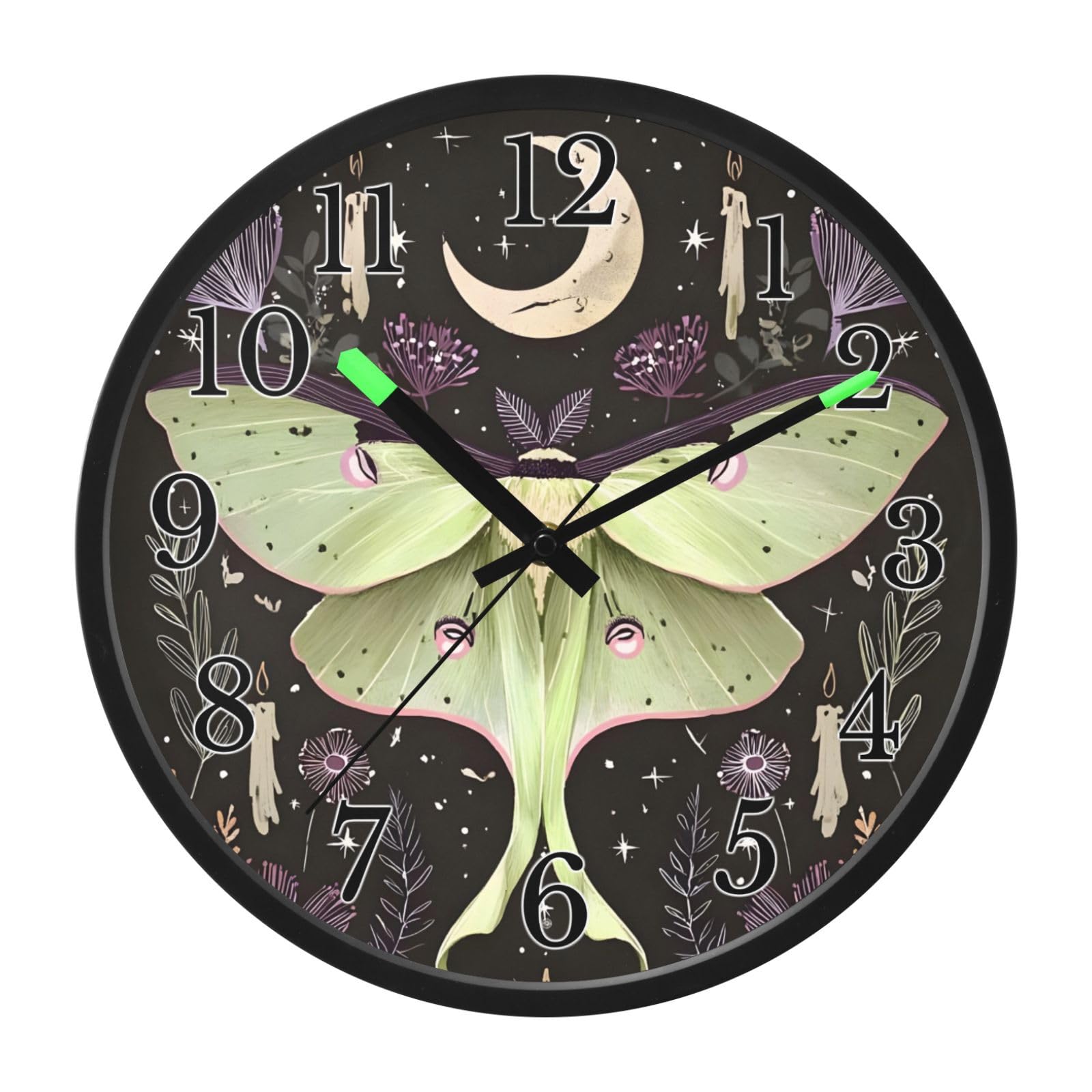 Mnsruu Reloj de pared luminoso verde luna, polilla, flores, estrellas, reloj de pared que brilla en la oscuridad, funciona con pilas, 12 pulgadas, silencioso, sin tictac, luz nocturna para dormitorio