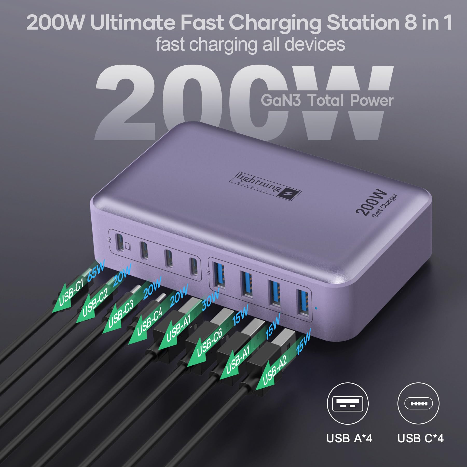 Bloque De Cargador USB De 8 Puertos De 200 W Con Enchufe Plano, Cable