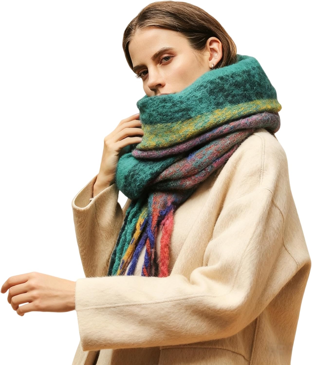 Womens Winter Scarf,Colorful Plaid Long Shawl Large Scarves Cashmere Feel Cold Weather Thick Blanket Scarfs