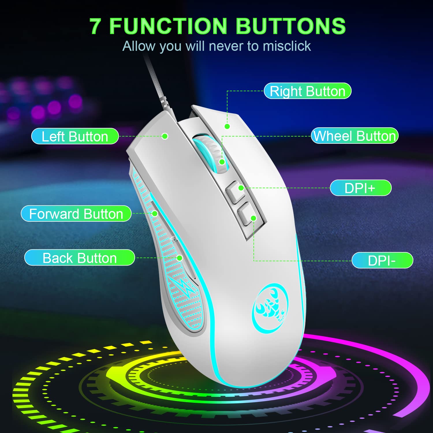 K61 RGB Gaming Keyboard Mouse Set, Clavier de Jeu à Membrane mécanique, jusqu'à 3600 dpi, Souris de Jeu Optique à 7 Boutons, pour PC, Ordinateur Portable, Mac, Bureau et Jeux - Blanc