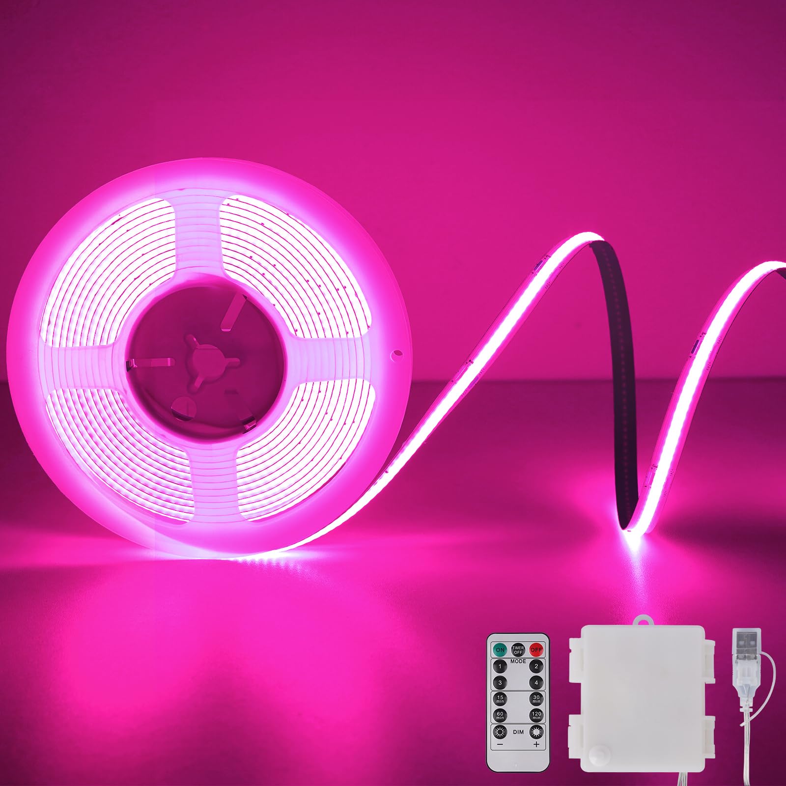 StarryEver Pink COB LED Strip Lights Battery Powered with Remote, 2M 640LED Light Strip Dimmable Cuttable Flexible Wireless LED Tape Light for Gifts, Bedroom, Party, TV Backlight, Home Lighting Decor