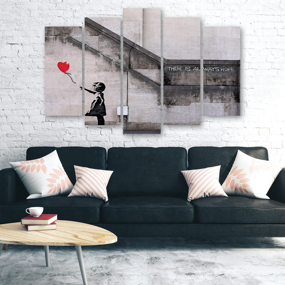 Feeby Leinwandbild 5-teilig 200x100 cm Straßenkunst Banksy Graffiti Bild Wanddeko Wand Bild Kunstdruck Deko Wohnzimmer Mädchen mit Luftballon Fototapete Grau