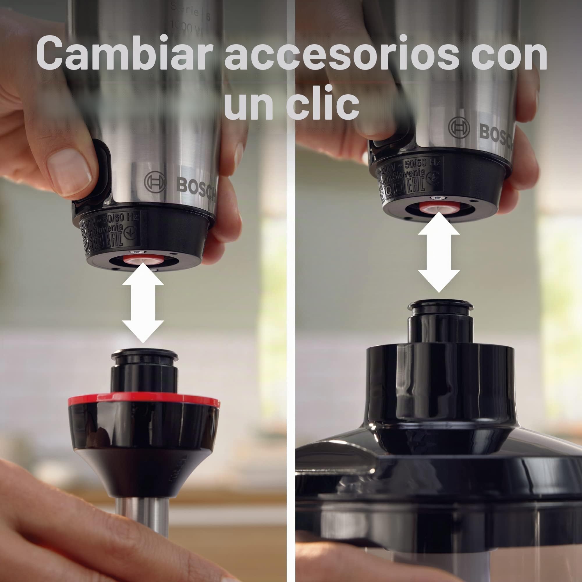 Bosch MSM6M673 ErgoMaster - Batidora de inmersión serie 6, mini picadora, prensa puré, cuenco multifunción y 4 otros accesorios incluidos, sistema de mezcla QuattroBlade System Pro,1000 vatios, plata