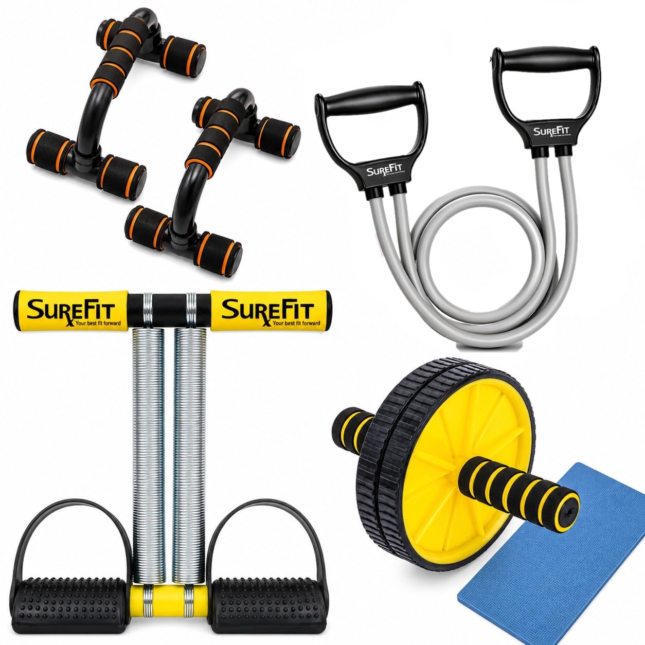 SUREFIT Double Spring Tummy Trimmer, Resistance Toning Tube, Ab Roller & Push-Up Bar 4-in-1 Home Gym Combo Full Body Fitness Kit for Men & Women | Black (Yellow)-image-34