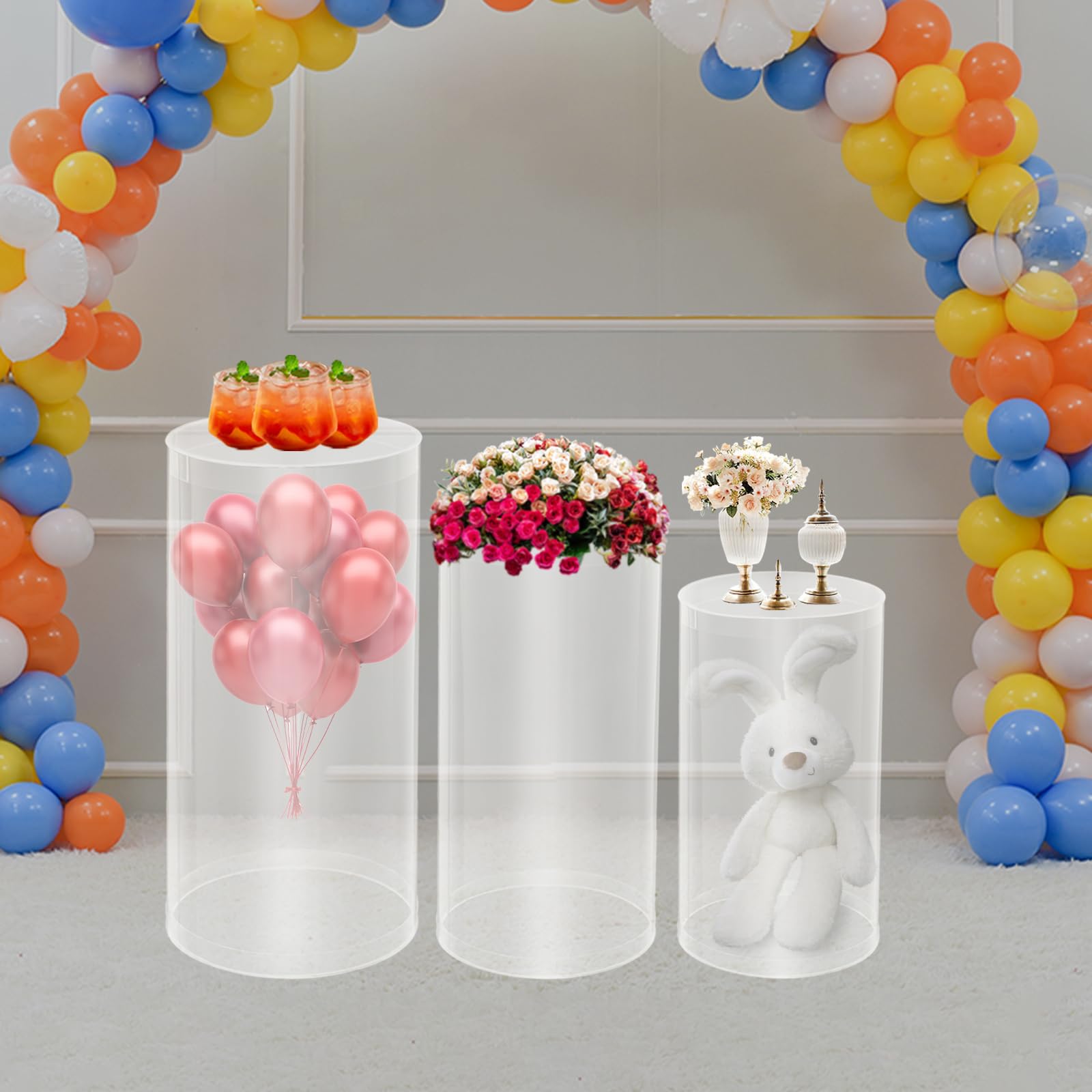 3 piezas de soportes cilíndricos de pedestal para fiestas, mesas de pedestal redondas transparentes, pilares de plintor para fiestas, cumpleaños, accesorios de boda