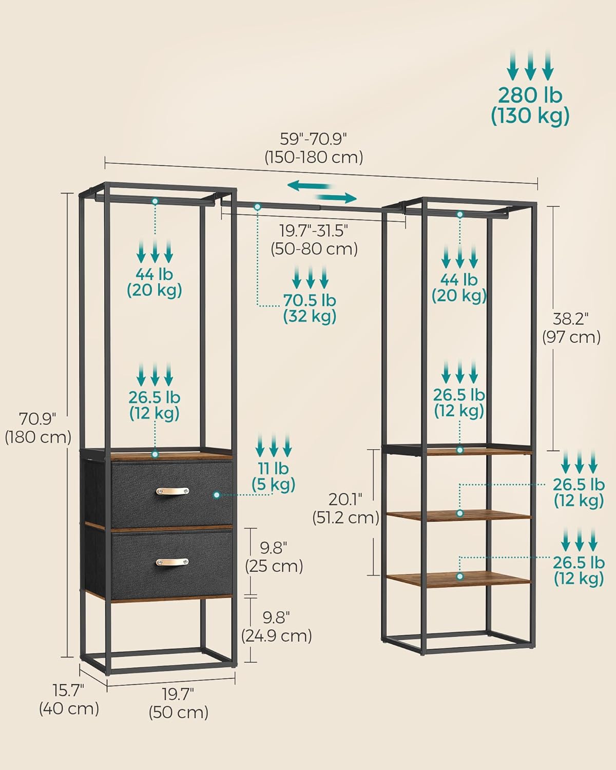 Detailed diagram of the clothes rack with all dimensions and weight capacities labeled.