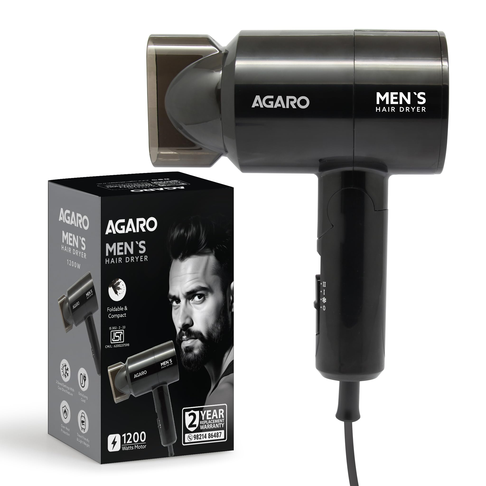 AGARO Hair Dryer for Men, 1200 Watts, 2 Heat Speed and Cool Mode, Foldable (Compact in Size), Black