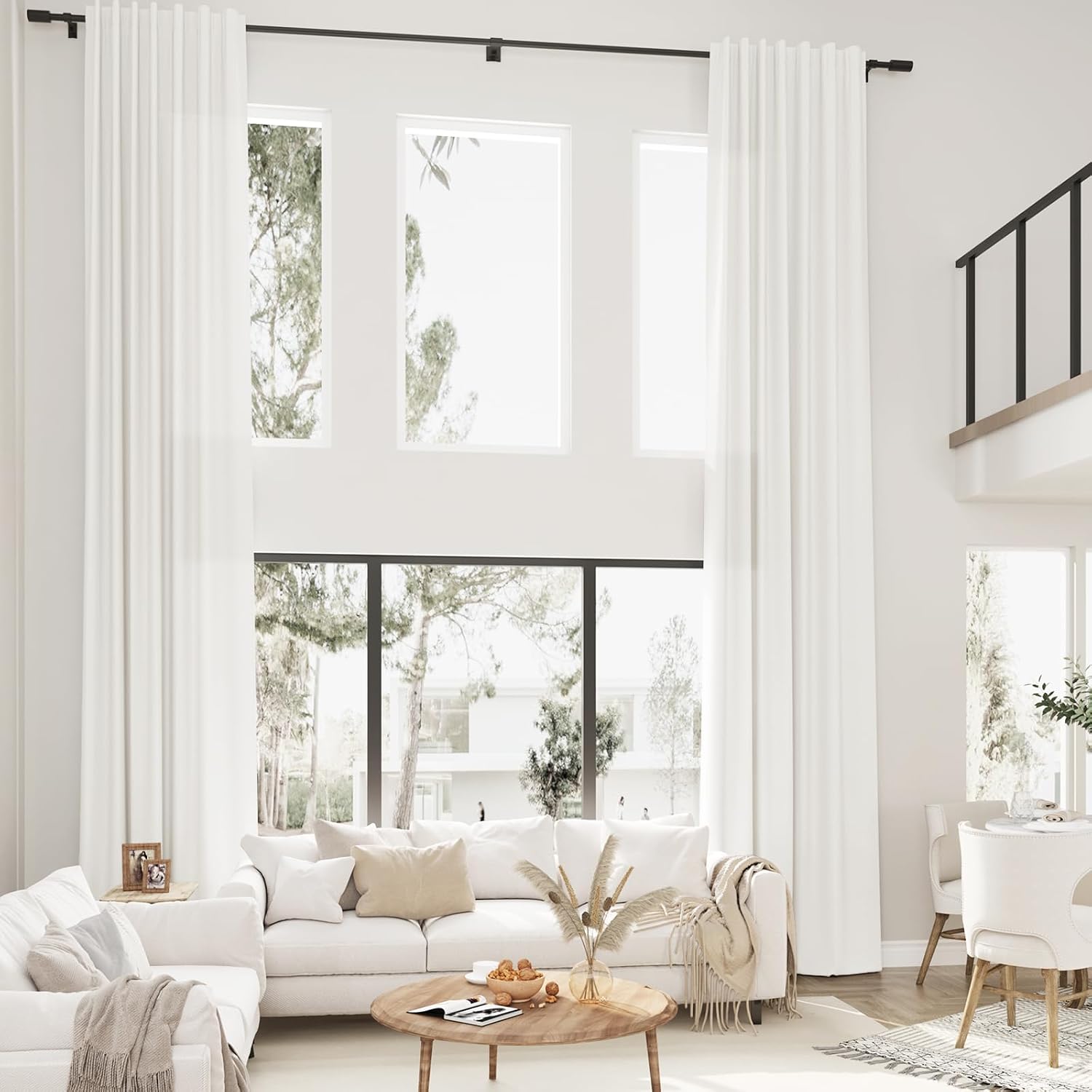 Guken Beige White Extra Long 156 Inch Linen Curtains for High Living Room Semi Sheer Light Filtering Rod Pocket Tall Windows Drapes from Floor to Ceiling for 2 Story Large Window 1 Panel, W52xL156