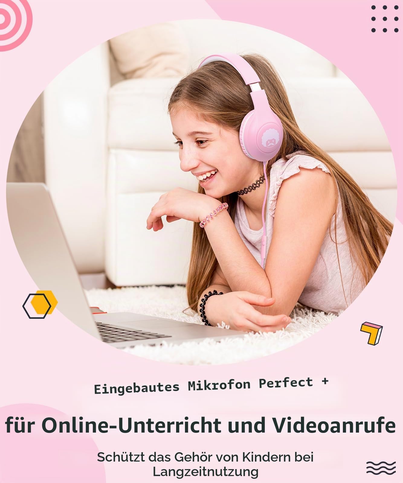 RockPapa C24 Kinder Kopfhörer mit Kabel, HD-Mikrofon, Leichte, Faltbare Kabel kopfhörer mit 3,5 mm Jack, On-Ear Stereo Bass Kopfhörer für Schule/Reise/Telefon Pink Weiß