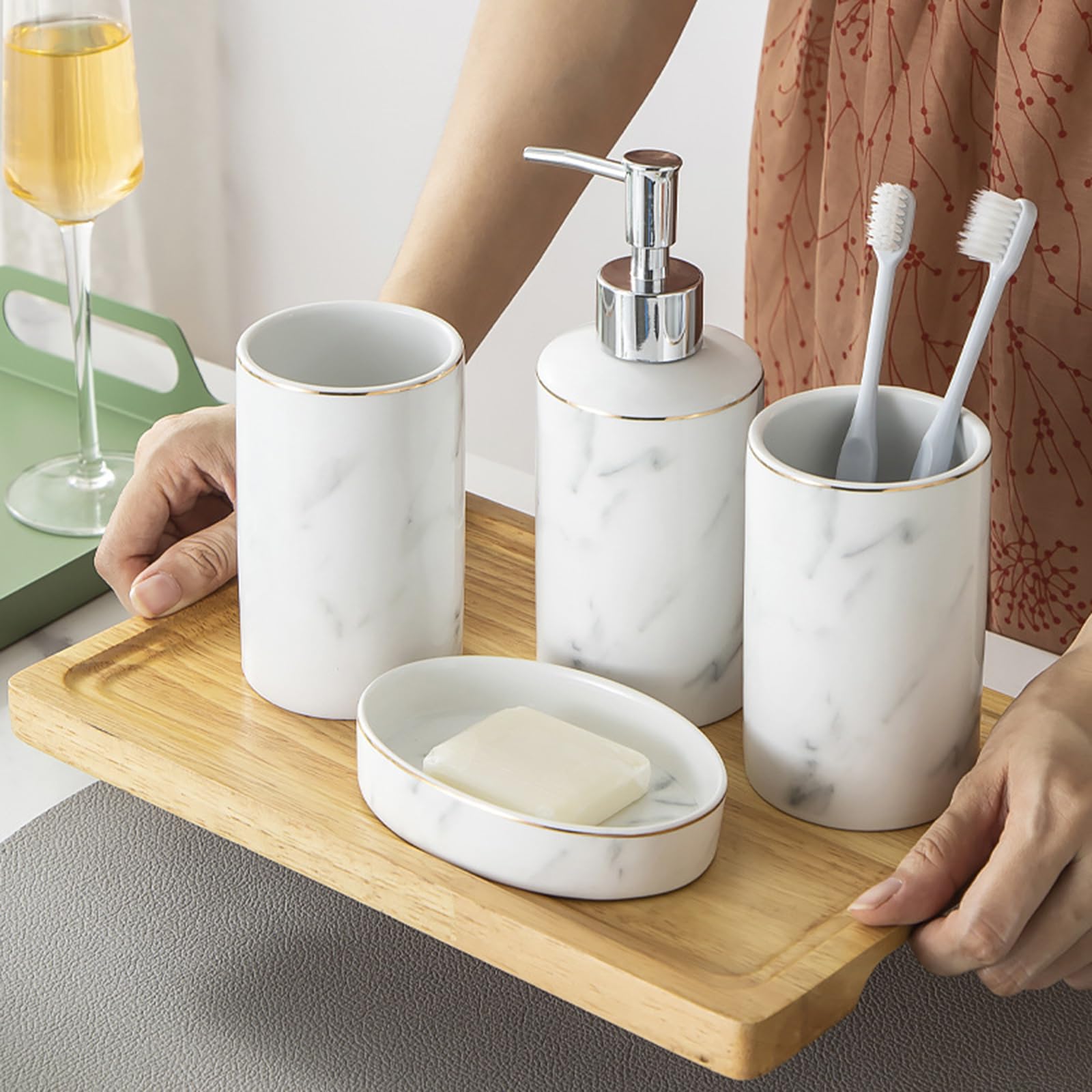 Set dispenser di sapone in ceramica, accessori da bagno con portaspazzolino, portasapone, tazza per spazzolino da denti, per appartamenti e hotel