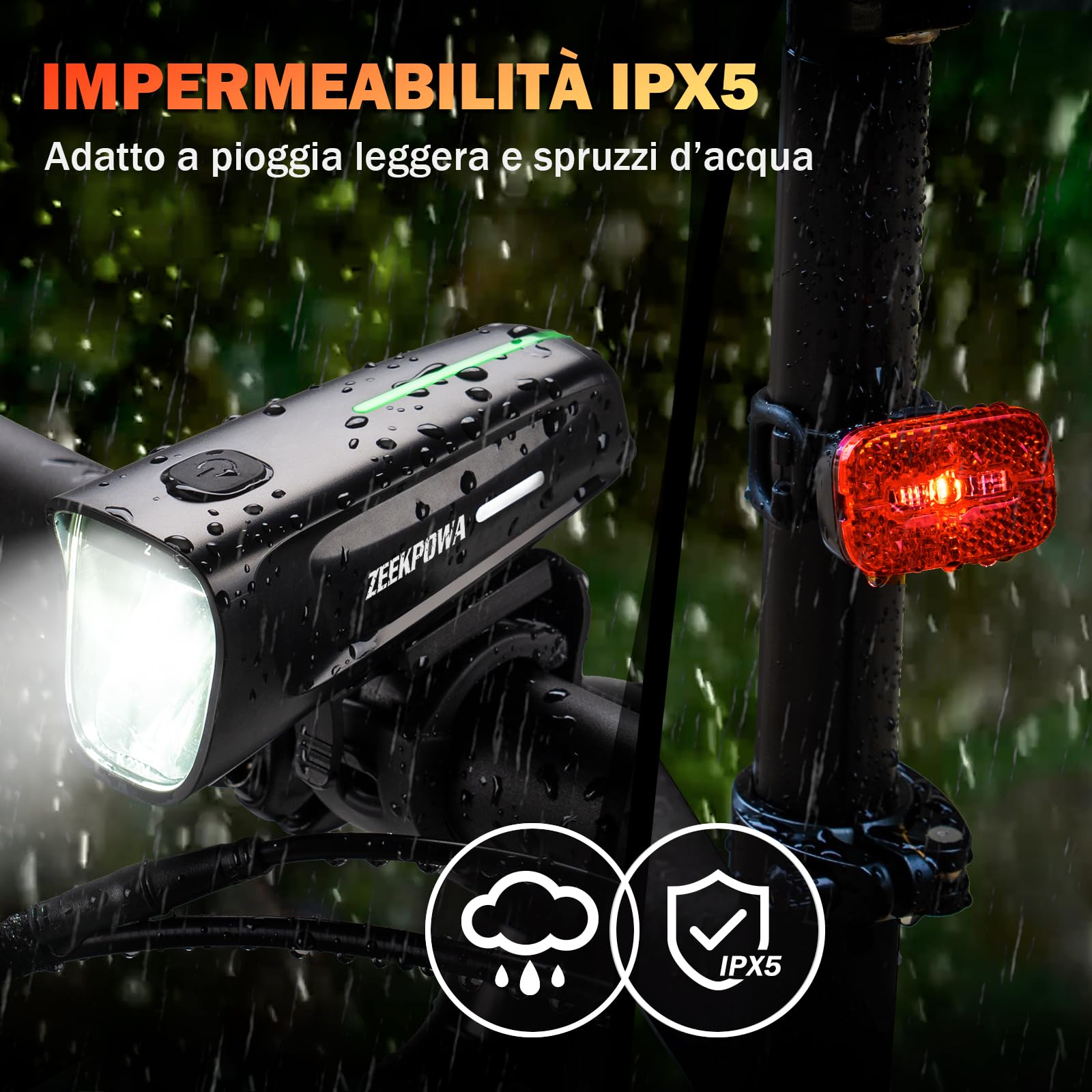 Set di luci per bicicletta, 100 lux, StVZO, batteria USB-C, luce anteriore + fanale posteriore con funzione luce freno, impermeabile IPX5, per pendolari e viaggi notturni