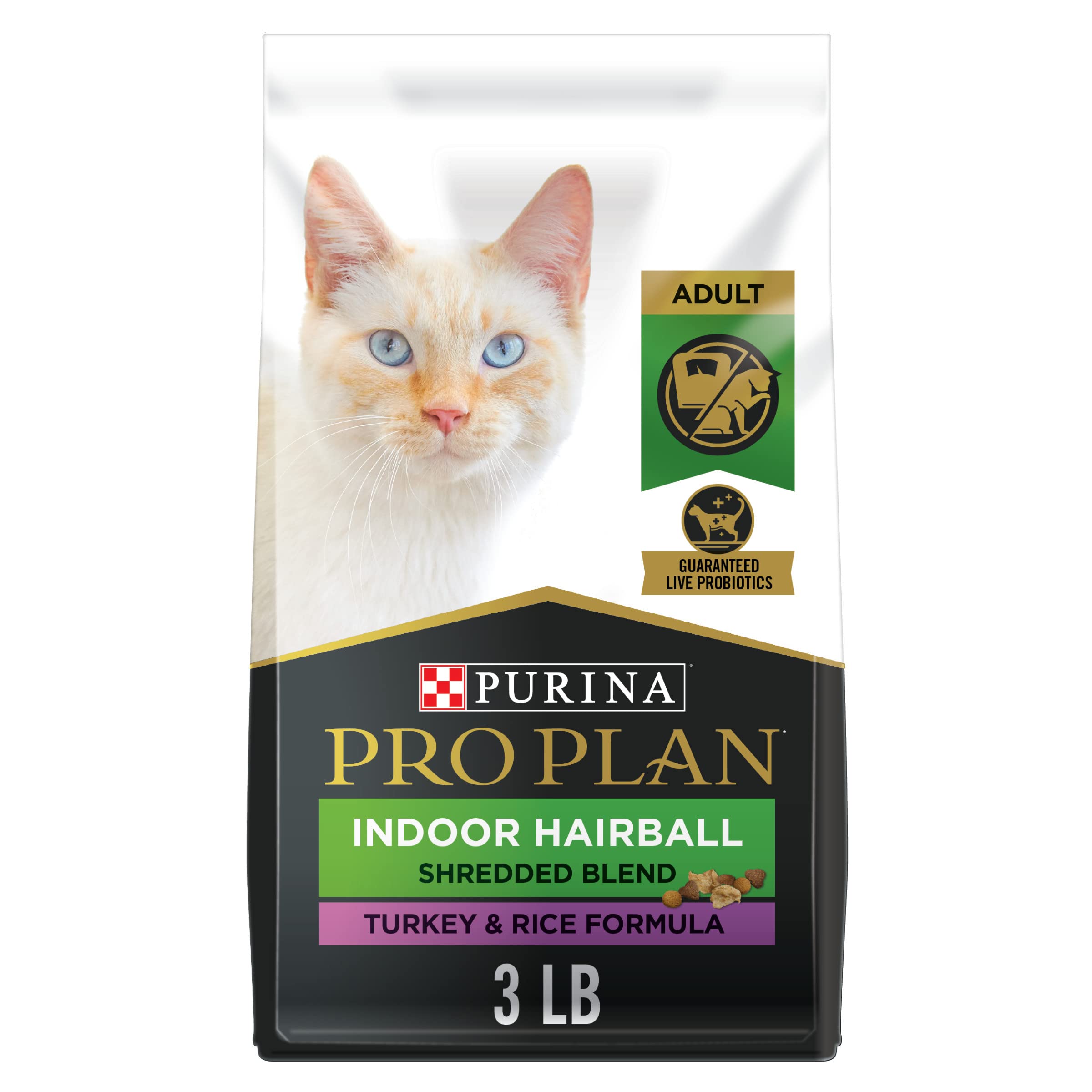 Purina Pro Plan Hairball Management, Indoor Cat Food, Shredded Blend Turkey and Rice Formula - 3 lb. Bag