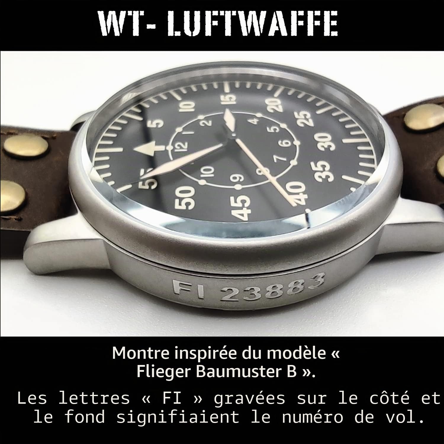Montre Militaire Seconde Guerre Mondiale – Pilote Luftwaffe – Machine Suisse, boîte en Acier, Aiguilles Haute luminosité et Bracelet en Cuir – 10ATM – édition limitée numérotée de 500 unités
