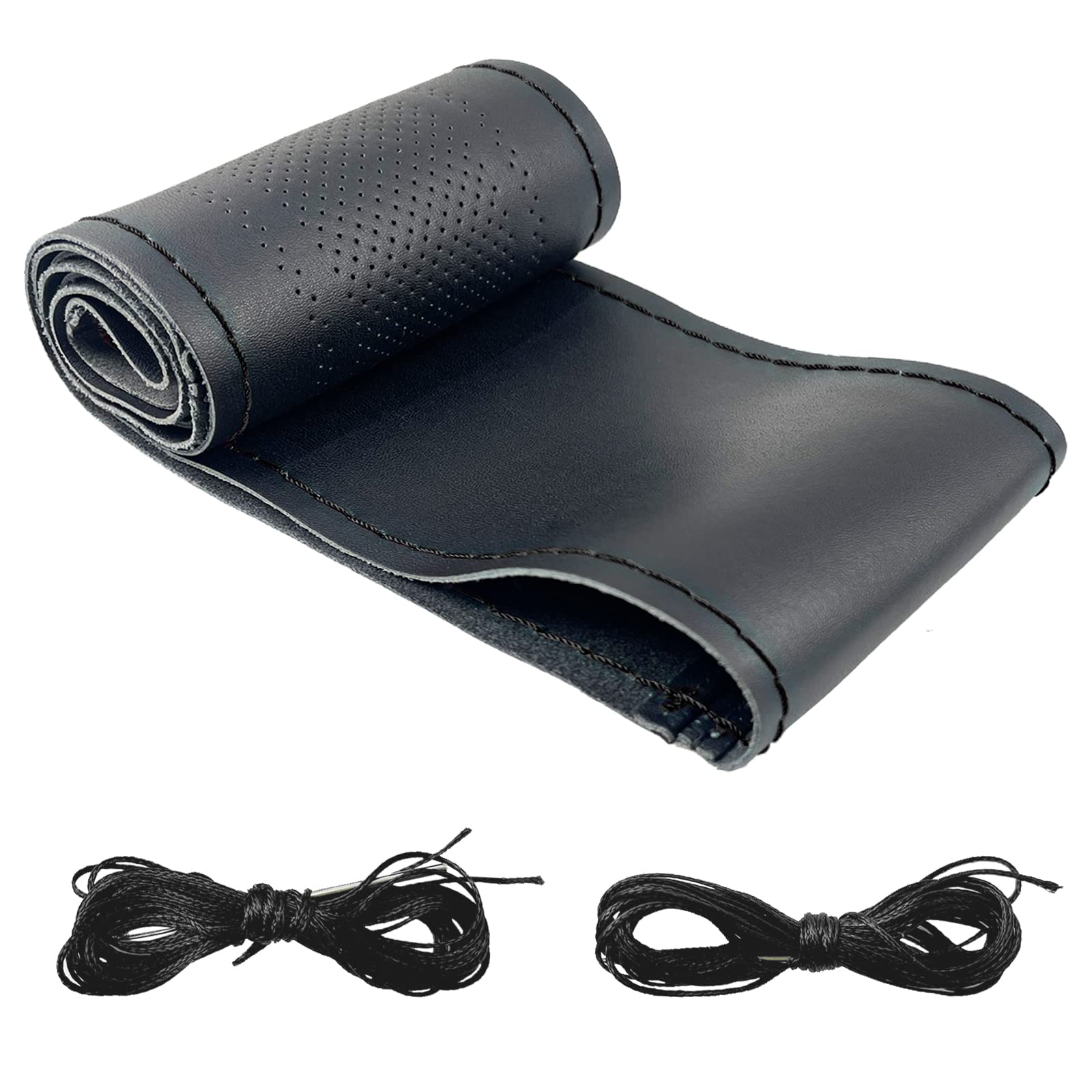 XCBYT Leather Steering Wheel Cover - 14.5-15 Inches Genuine Leather Black Car Steering Wheel Covers Stitch On Wrap