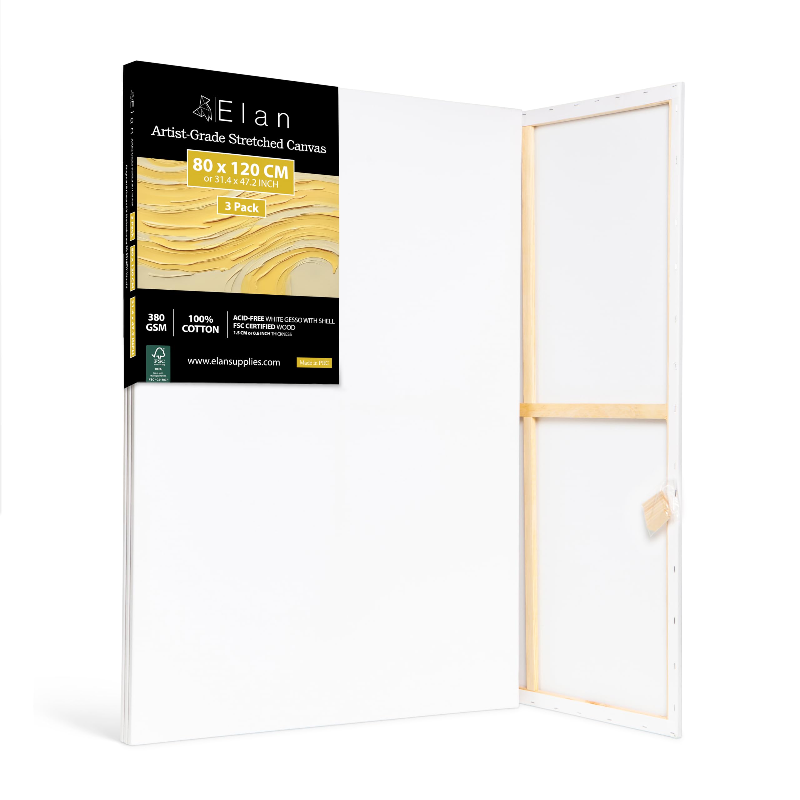Elan Lienzo 80x120 cm, Pack de 3 Lienzos Para Pintar 380 GSM | Fabricado con 100% Fibra Natural de Algodón, Libre de Ácidos, Blanco, Ideal para Pintura al Óleo