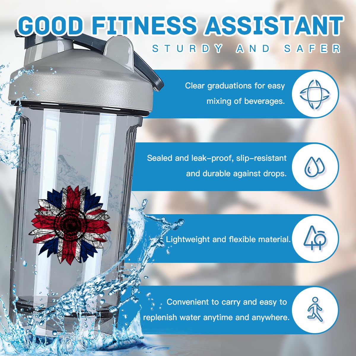 Vintage Sunflower Britain British Flag 18 Ounce Shaker Bottle Drink Mixer Leak-proof Pre Workout Protein Shakes Meal Replacement Shakes Bottles 500ML/18 Oz Gray