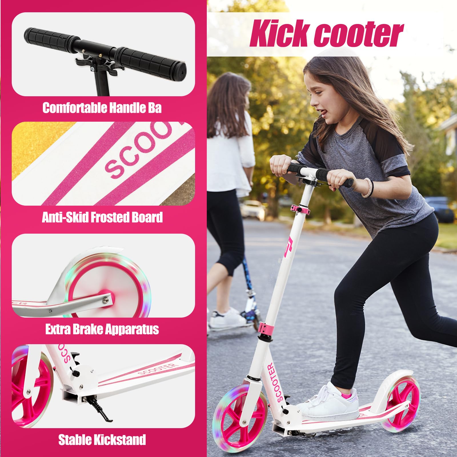KOMFOTTEU Monopattino Pieghevole per Bambini e Adulti Fino a 110kg, Manopattino a 2 Ruote Luminose con Freno, Scooter per Bambini con Manubrio Regolabile e Cinghia di Trasporto