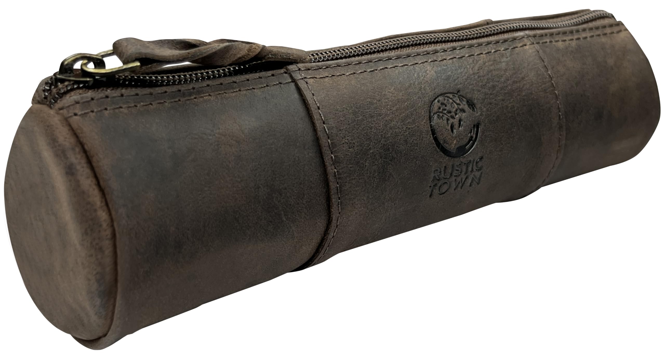 Rustic Town Handmade Leather Pencil Case with Zipper for School Work and Office